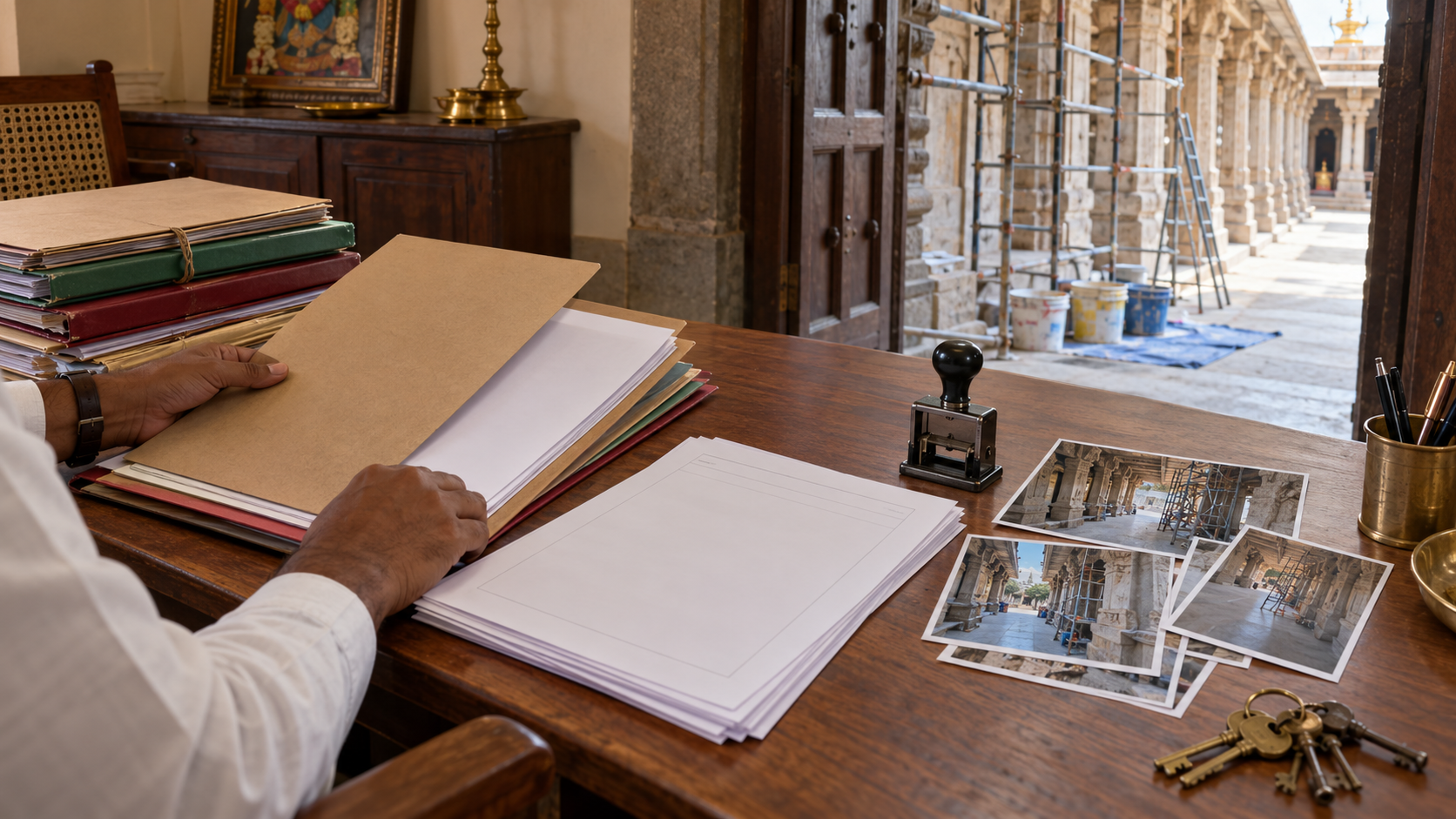 Hands arrange blank administrative forms, a date stamp, keys, and unlabelled temple corridor photographs beside a doorway leading to maintenance scaffolding.