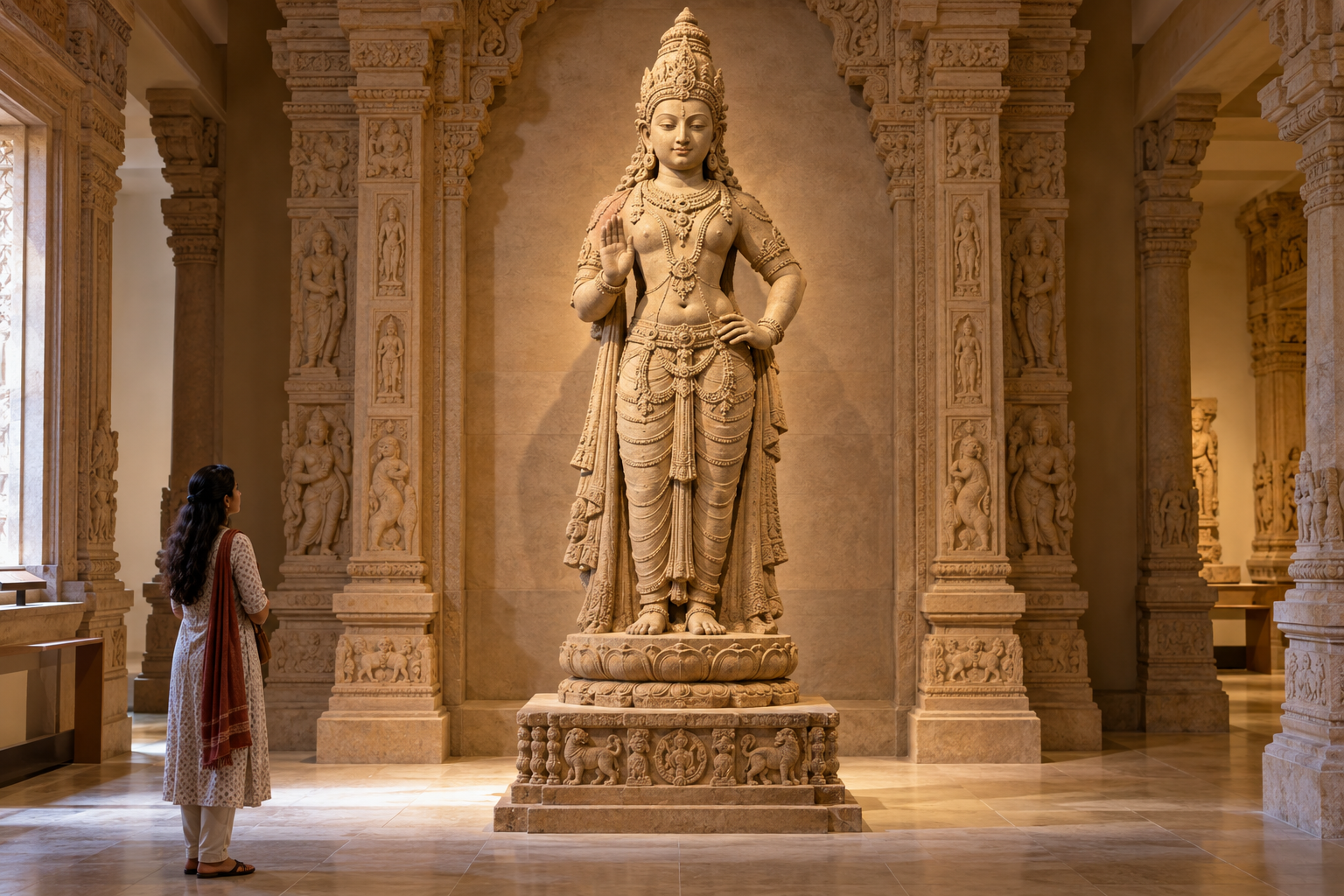 Observer examining a complete standing stone murti, including its hand at the waist, posture, ornaments, and other attributes.