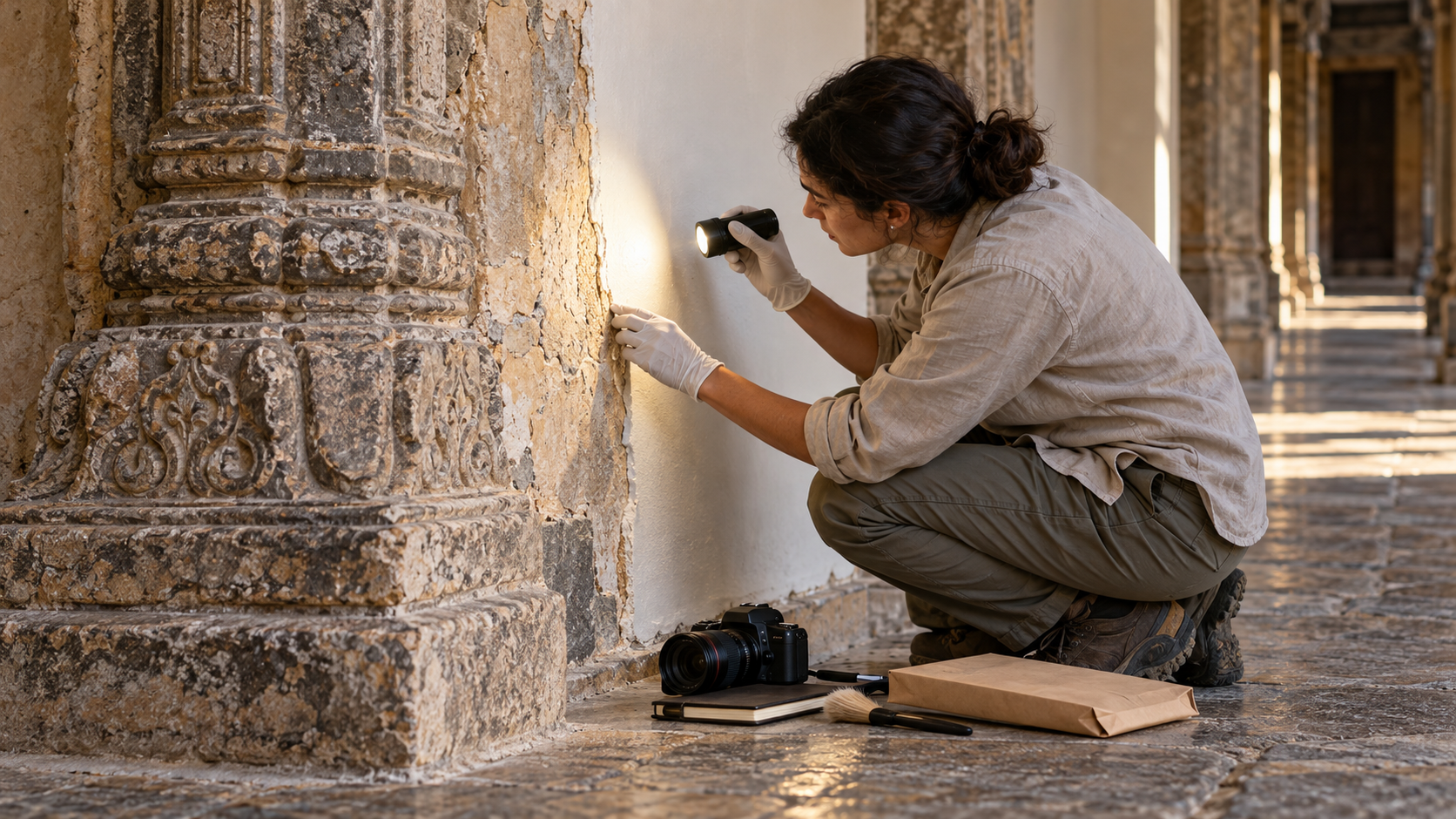 A conservator examines the edge of fresh paint and older plaster on a temple corridor wall under a portable inspection light.