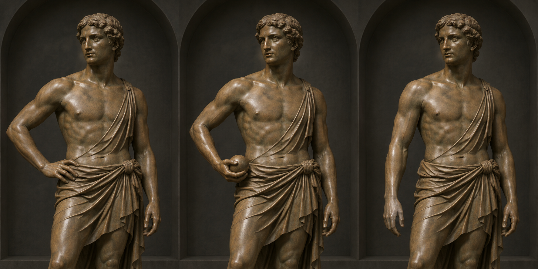 Three bronze figure studies comparing a hand resting at the waist, a hand gripping an object, and a hand hanging beside the thigh.