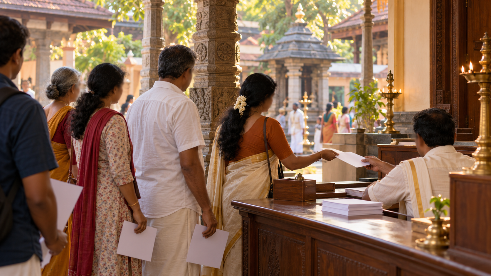 Devotees calmly submit blank documents at a temple administrative counter while volunteers guide visitors through an orderly courtyard.