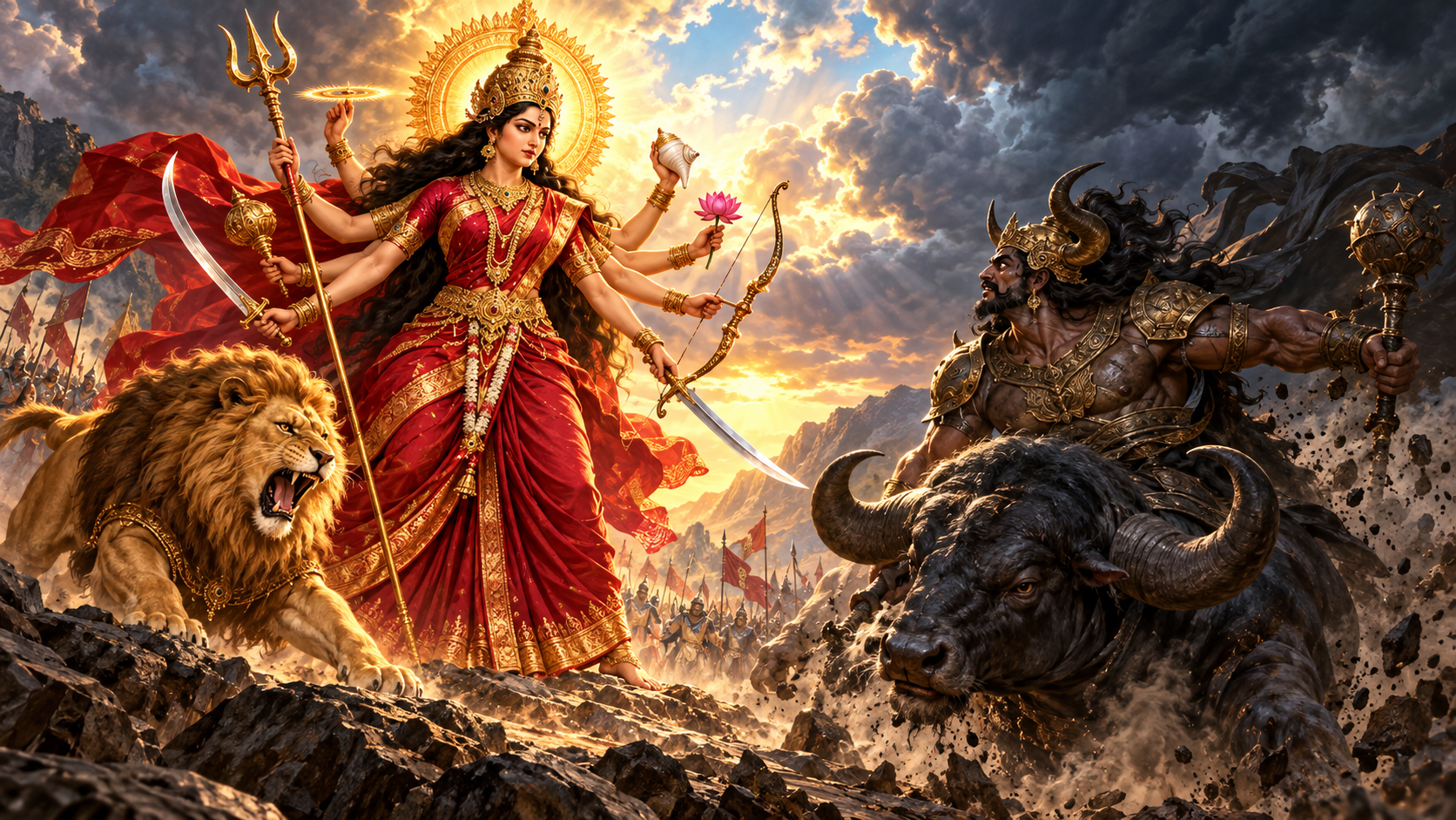 Goddess Durga, accompanied by her lion and holding divine weapons, confronts Mahishasura as he emerges from a buffalo form beneath a stormy sky.