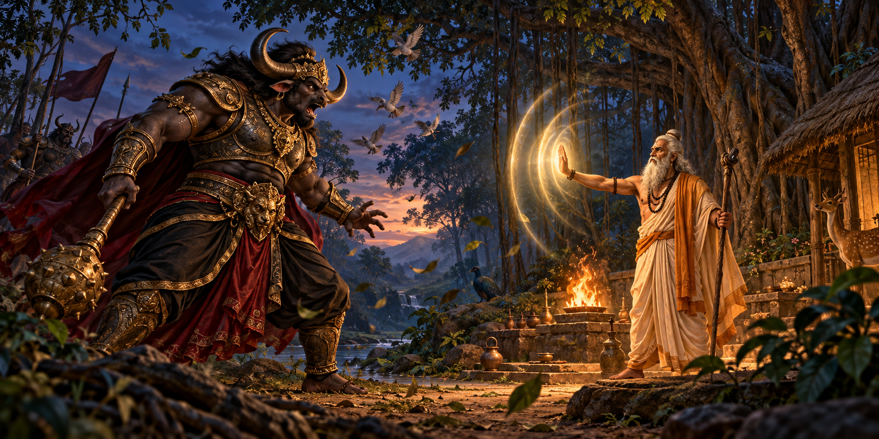 A rishi raises his palm before an armored, buffalo-horned Mahishasura in a disturbed forest hermitage beside a sacred fire.