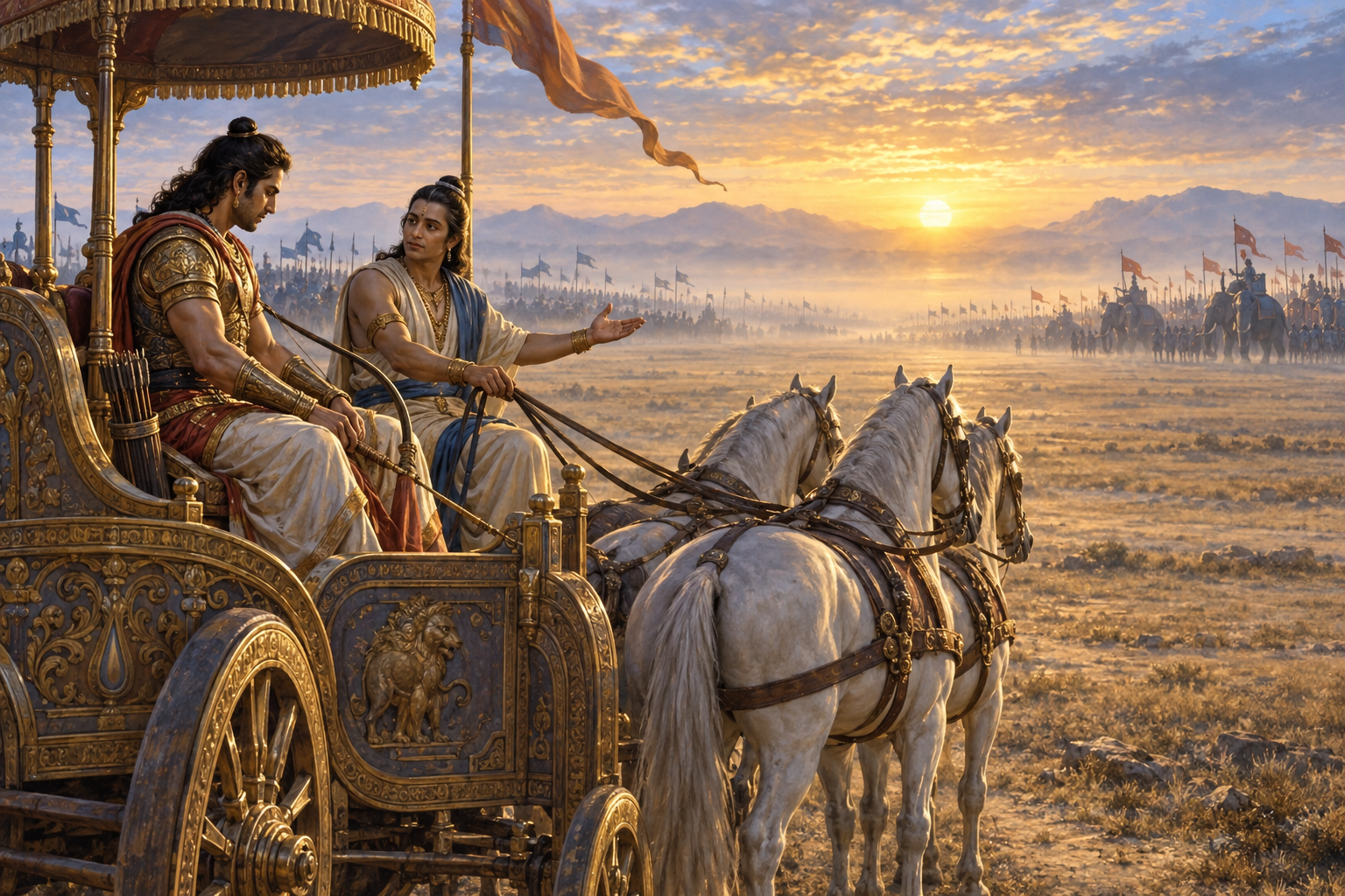 A warrior with a lowered bow listens to a charioteer in a stationary chariot on a misty plain at dawn.
