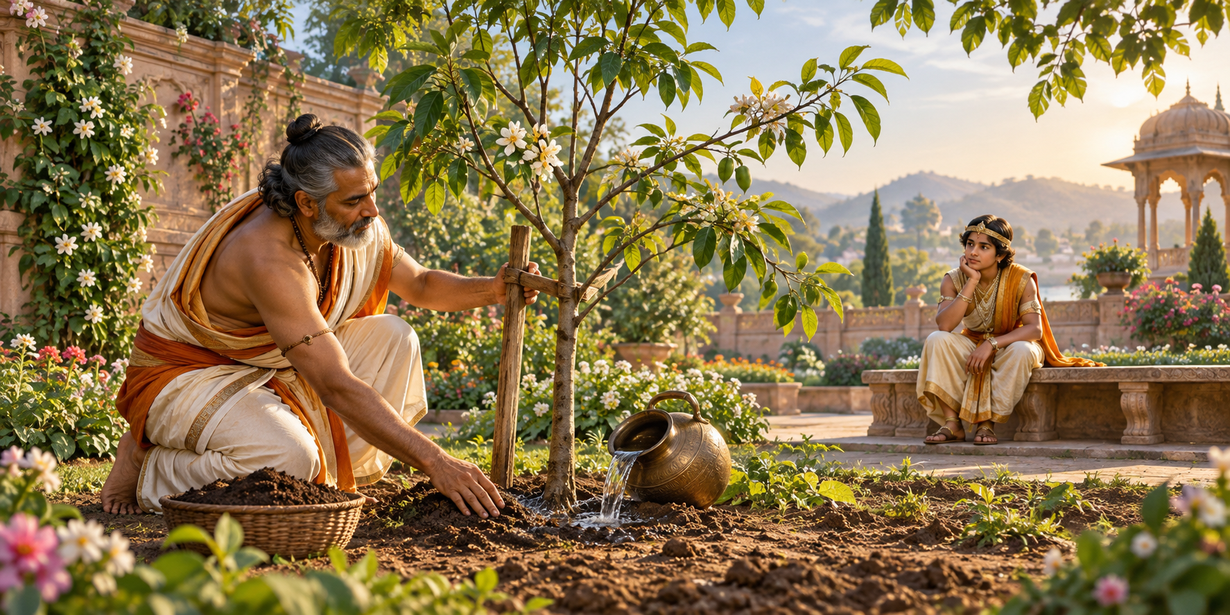 A parent tends and loosely supports a young branching tree while a princely adolescent observes in an ancient palace garden.