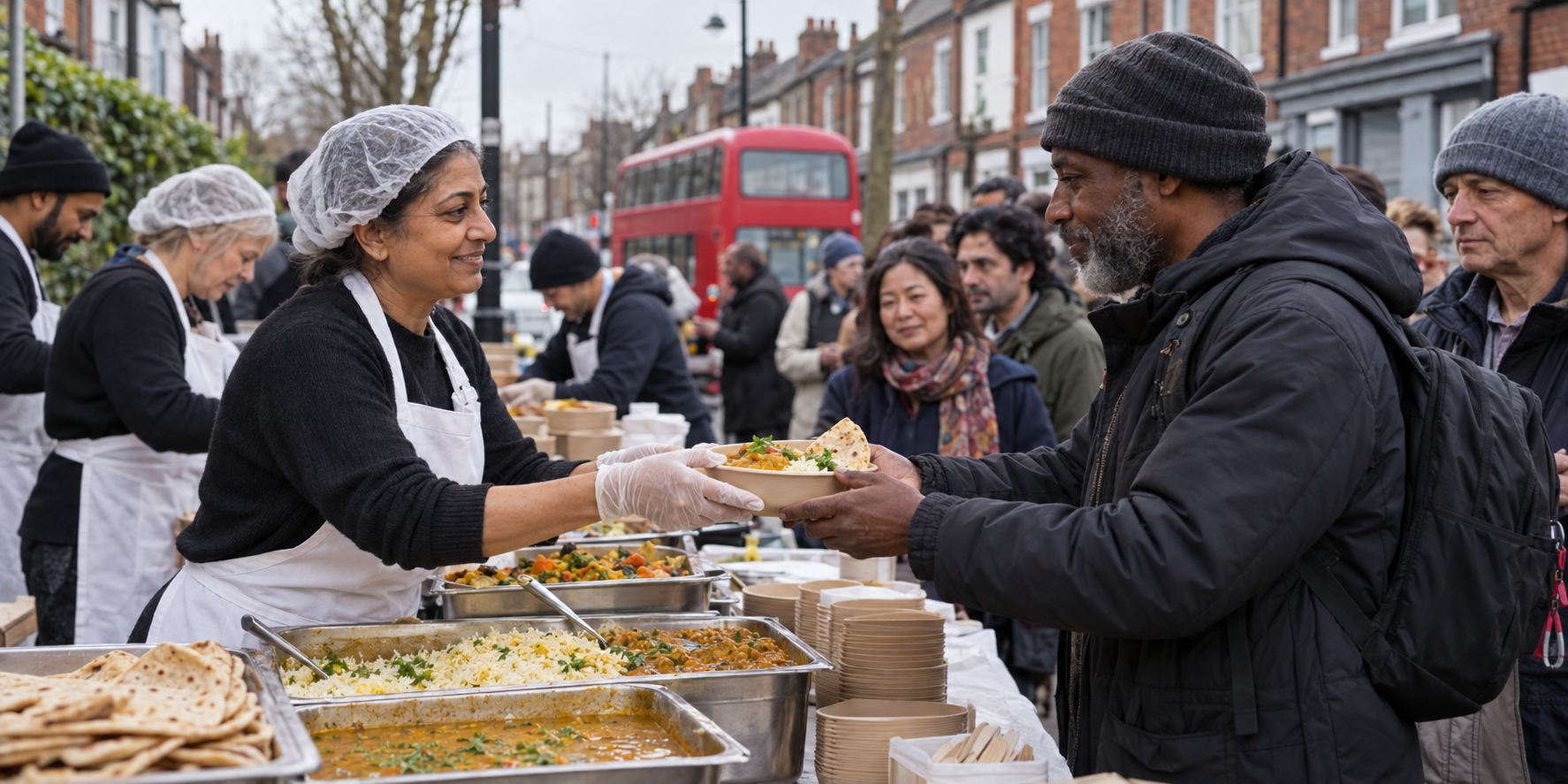 A volunteer respectfully serves a warm vegetarian meal to an adult at an outdoor community food distribution in London.