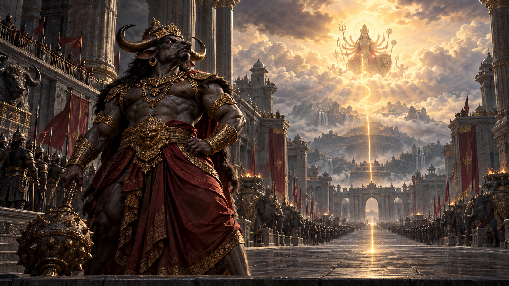 Mahishasura stands unharmed in a palace courtyard while the distant luminous form of a many-armed goddess appears on the horizon behind him.