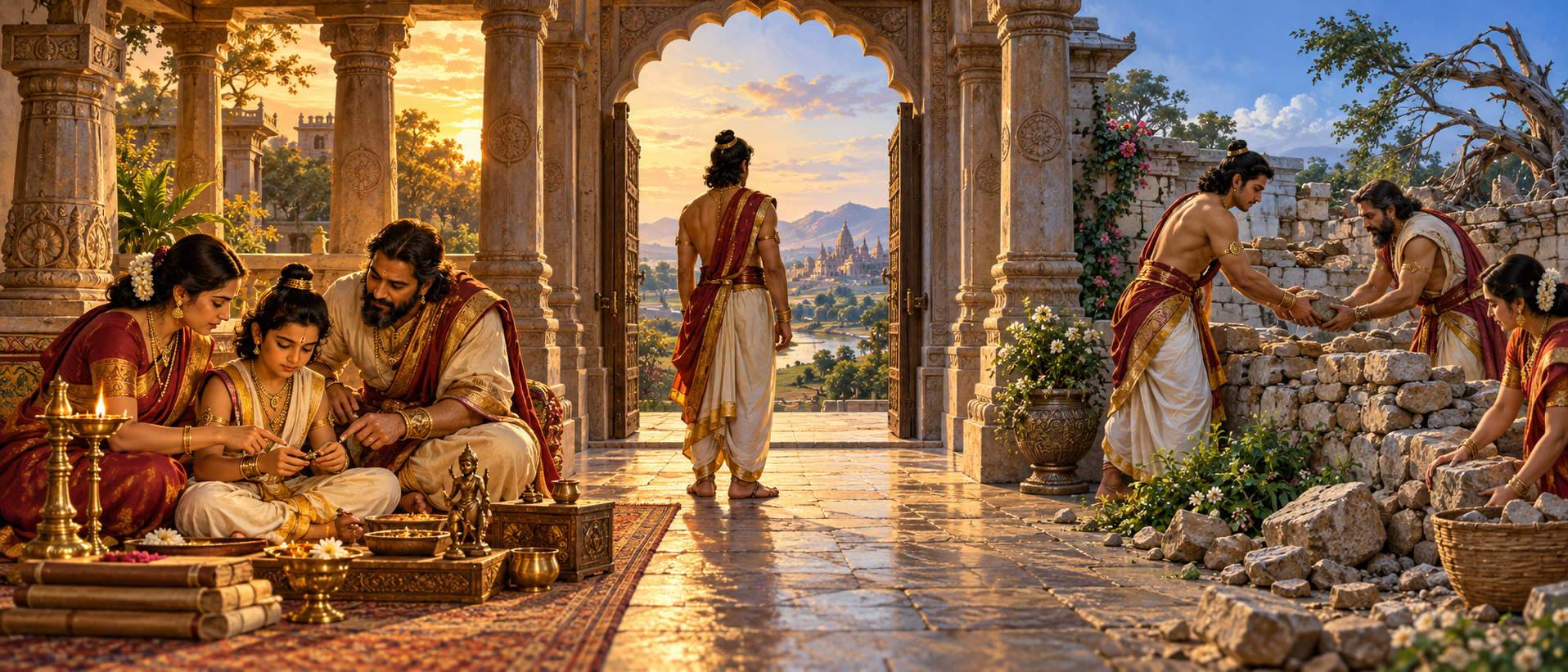 An ancient courtyard scene shows parents teaching a young prince, the older prince choosing at a gateway, and the family repairing a wall together.