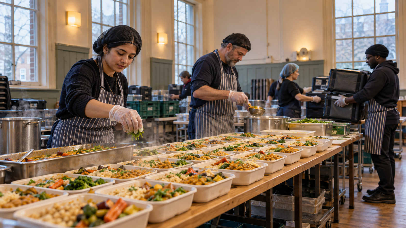 Volunteers organize rows of prepared vegetarian meals and insulated food carriers inside a London community hall.