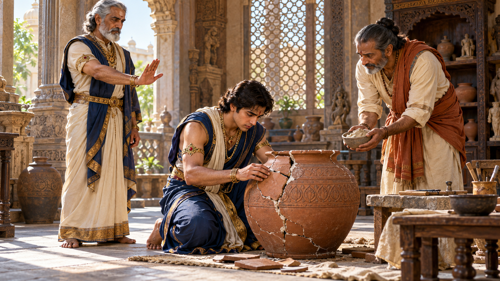 A young royal repairs a cracked clay vessel under the firm but calm supervision of two elders in an ancient palace workshop.