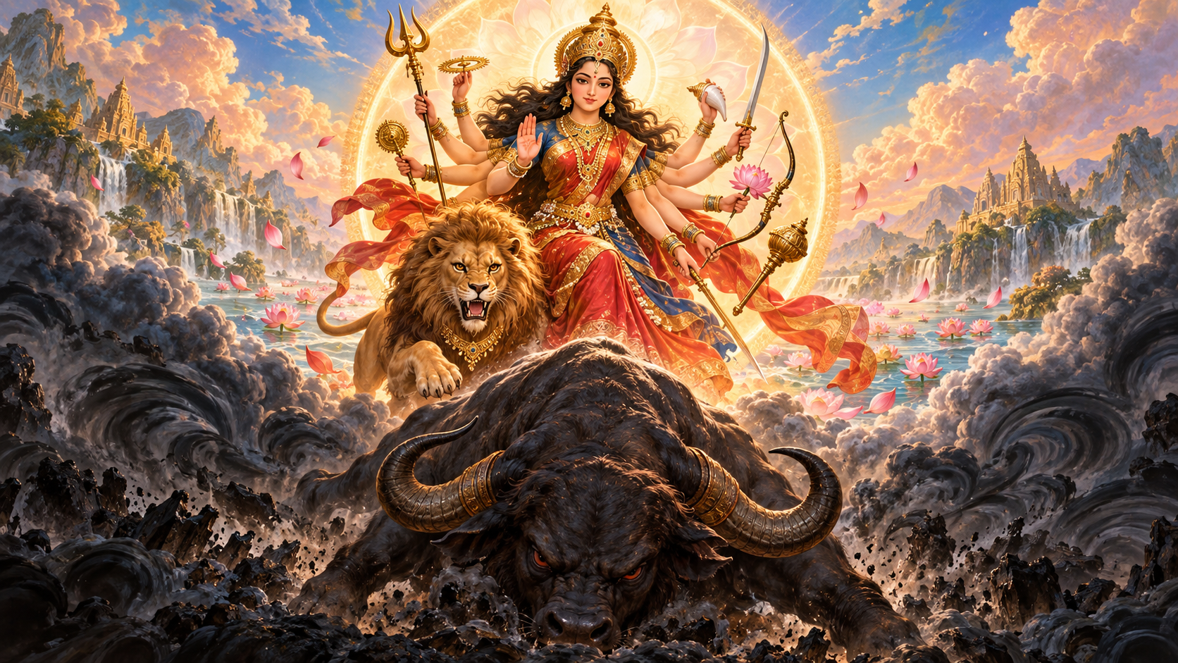 A radiant many-armed Durga raises one hand in fearlessness above Mahishasura's dark buffalo form as a lion advances beside her.
