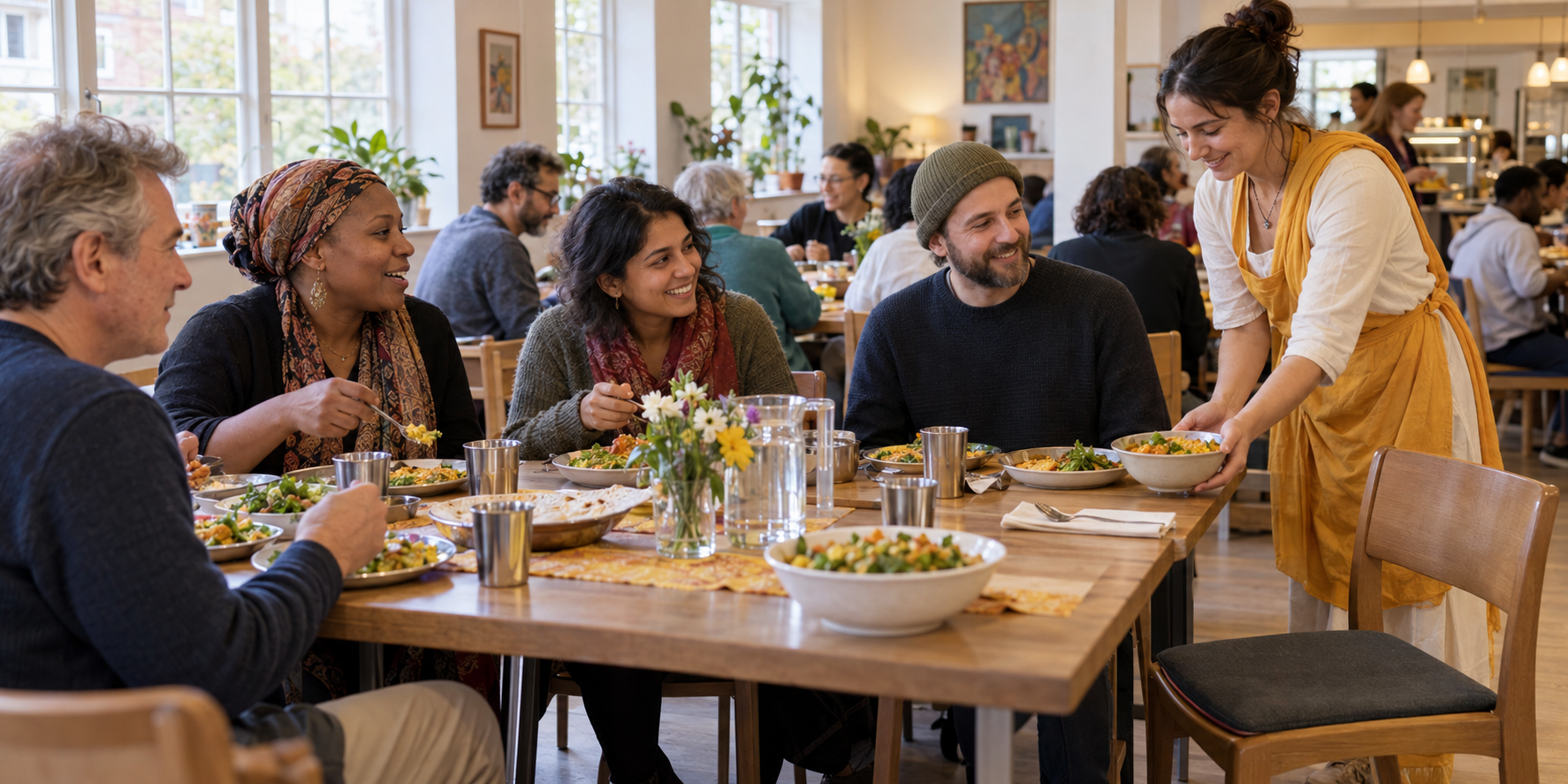 People share vegetarian meals at tables while a volunteer serves another bowl in an accessible London community dining room.