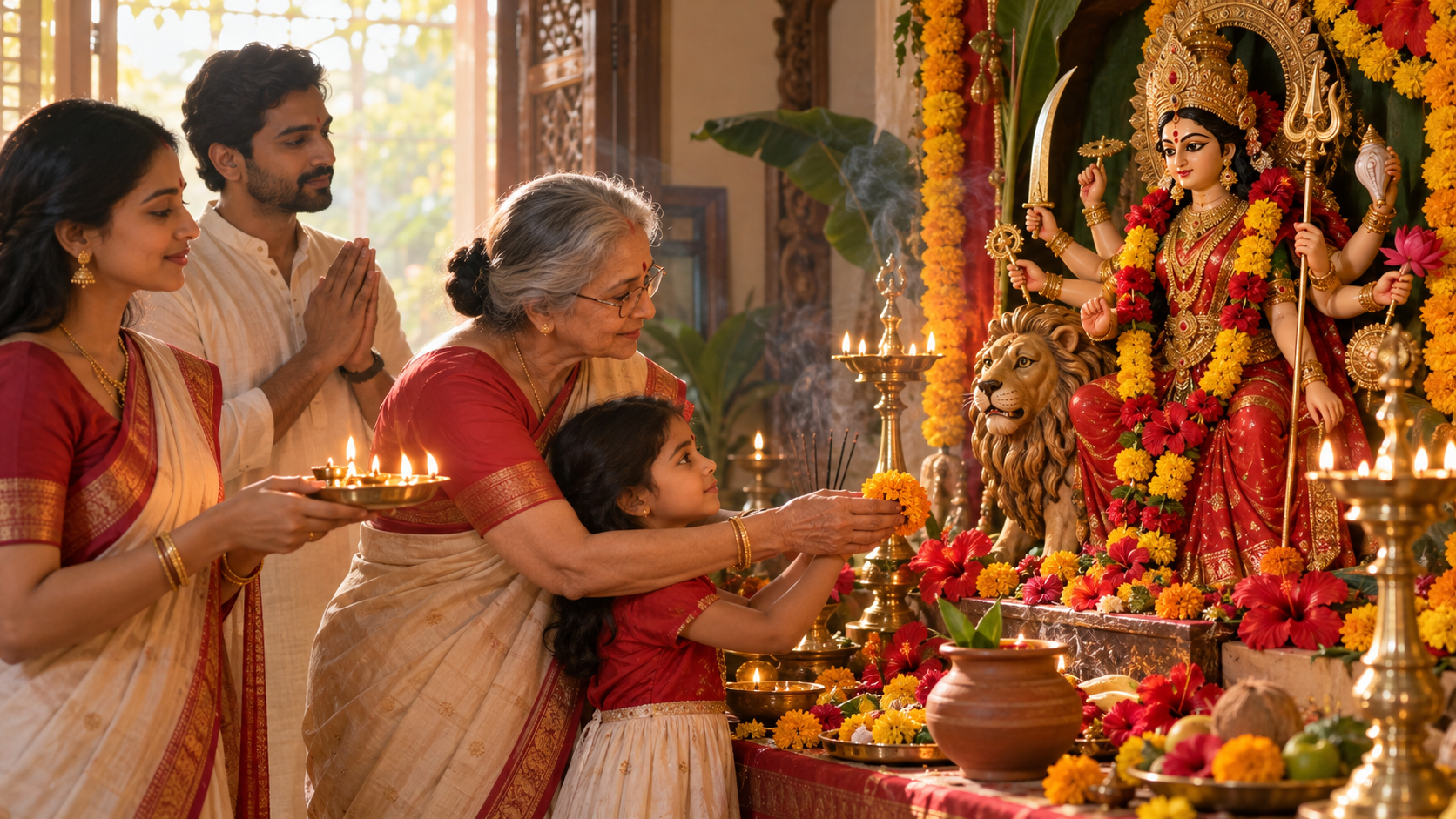 A multigenerational Indian family offers flowers and an aarti lamp before a home shrine of Durga with her lion.