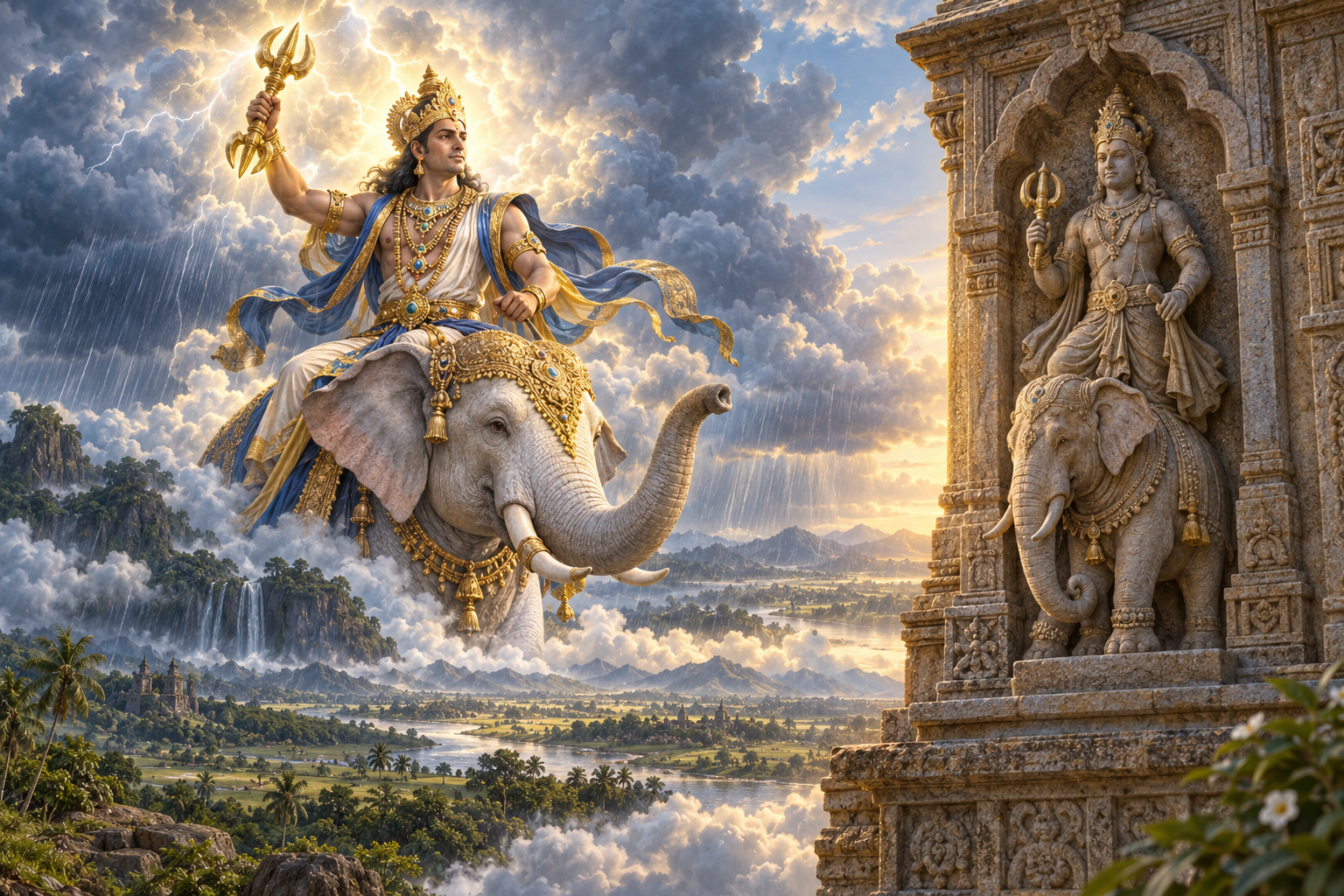 Indra shown both as a celestial storm deity with a vajra and as an elephant-mounted guardian carved into a temple wall.