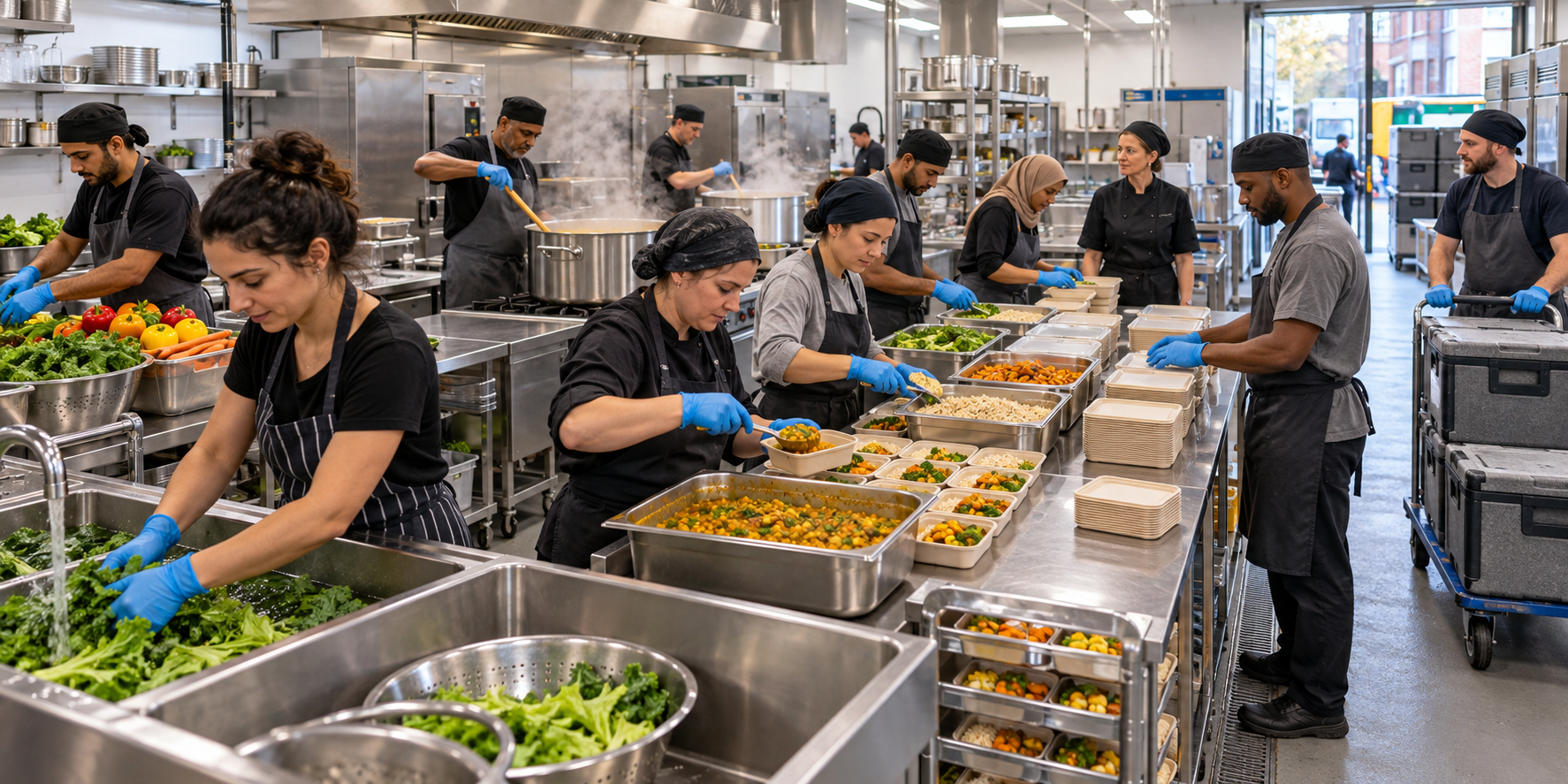 Volunteers wash, cook, portion, and pack vegetarian meals in an orderly large-scale London community kitchen.