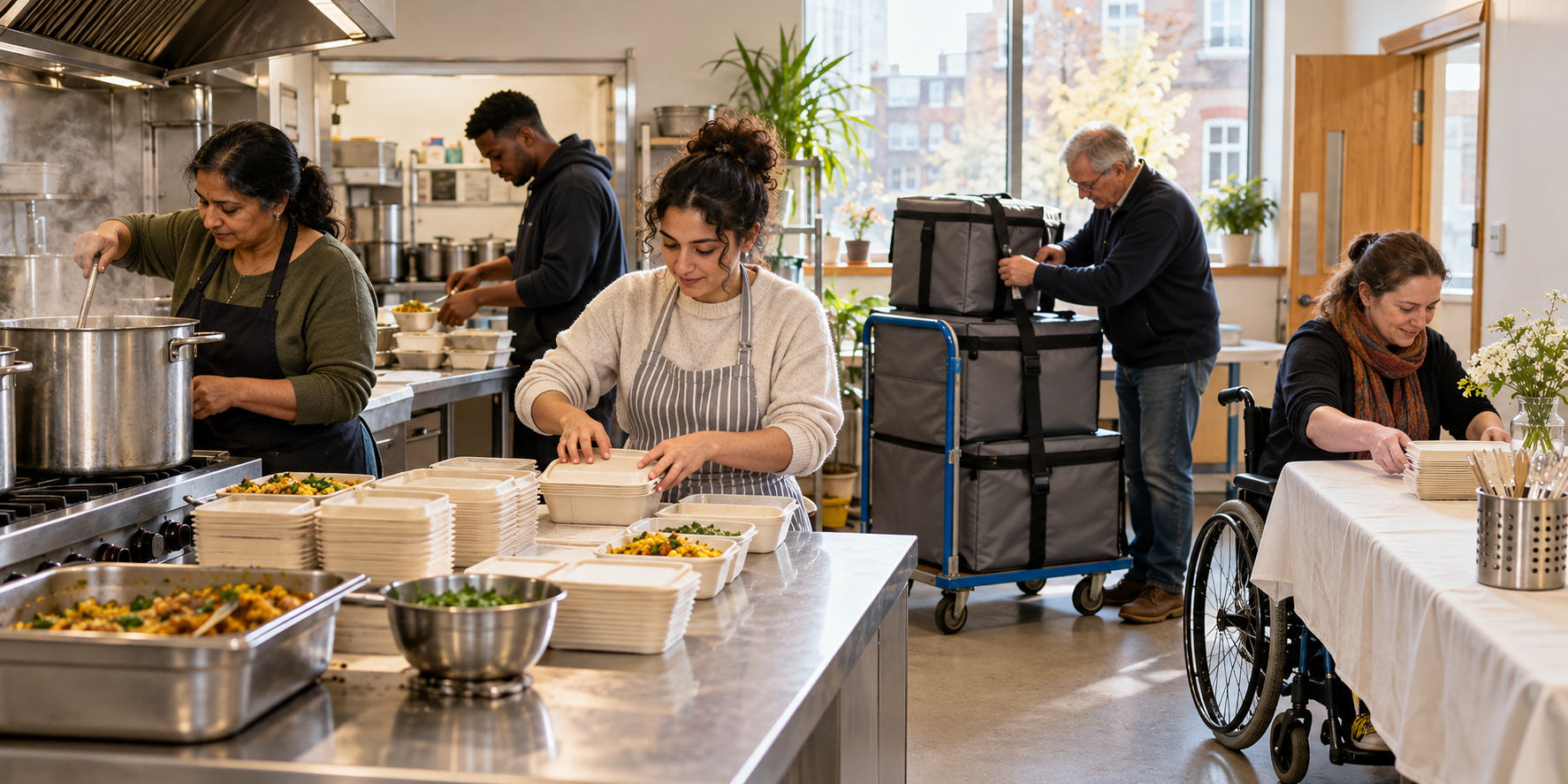 A diverse volunteer team cooks, packs, transports, and prepares to serve vegetarian meals at a London community hub.