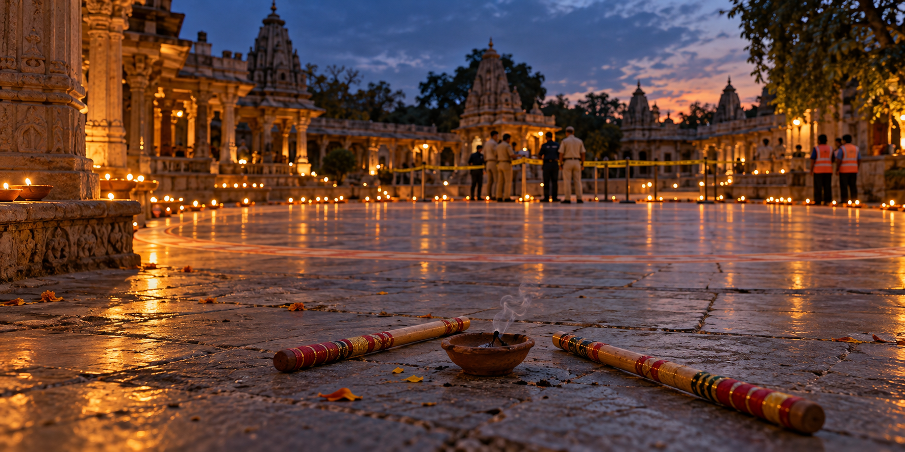 An empty Navratri courtyard at dusk with oil lamps, two dandiya sticks and officials quietly securing an area near a temple.