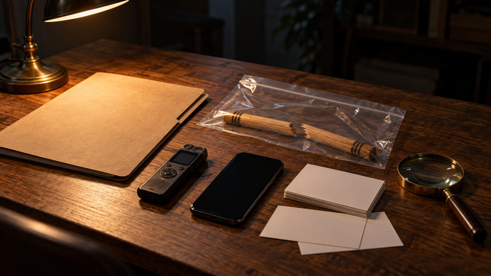 An evidence desk with an unmarked folder, sealed pouch, recorder, dark smartphone and blank note cards under a focused lamp.