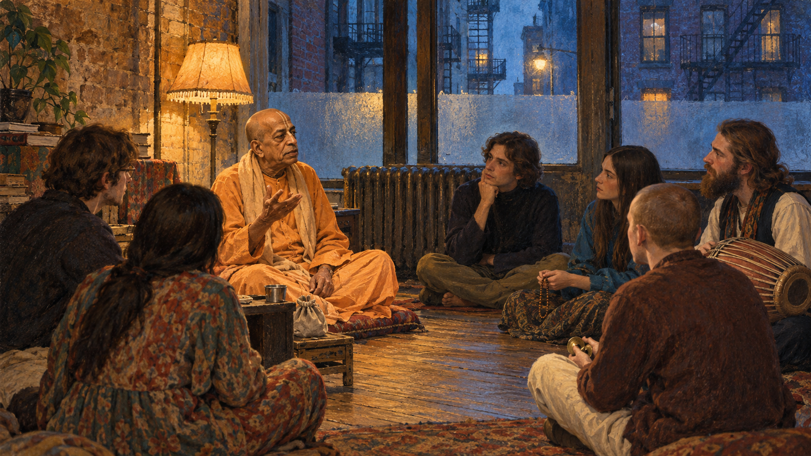 Painterly illustration of Srila Prabhupada speaking to a small circle of young devotees in a modest 1960s New York storefront.