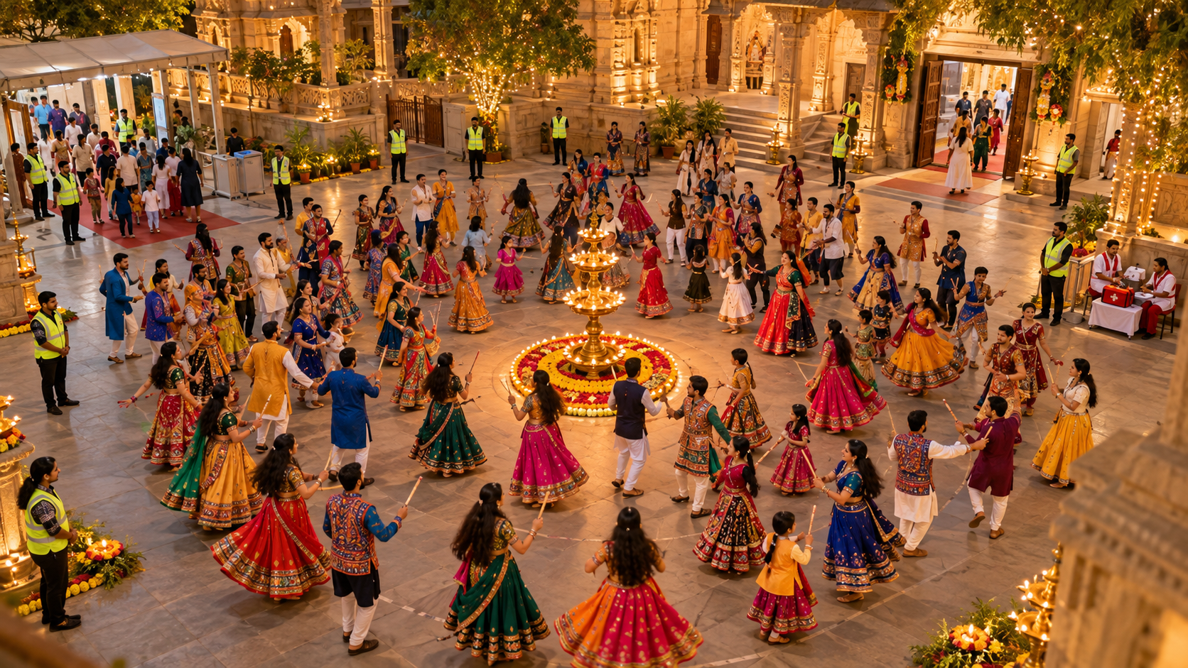 A spacious Navratri celebration with open exit lanes, volunteers, an orderly entrance and a discreet first-aid station.