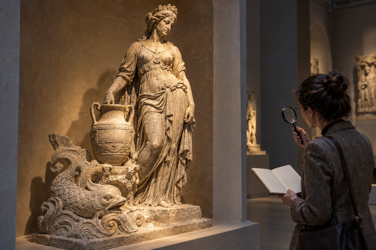 An art historian examines a weathered goddess sculpture with a ritual vessel and aquatic carvings in a museum alcove.