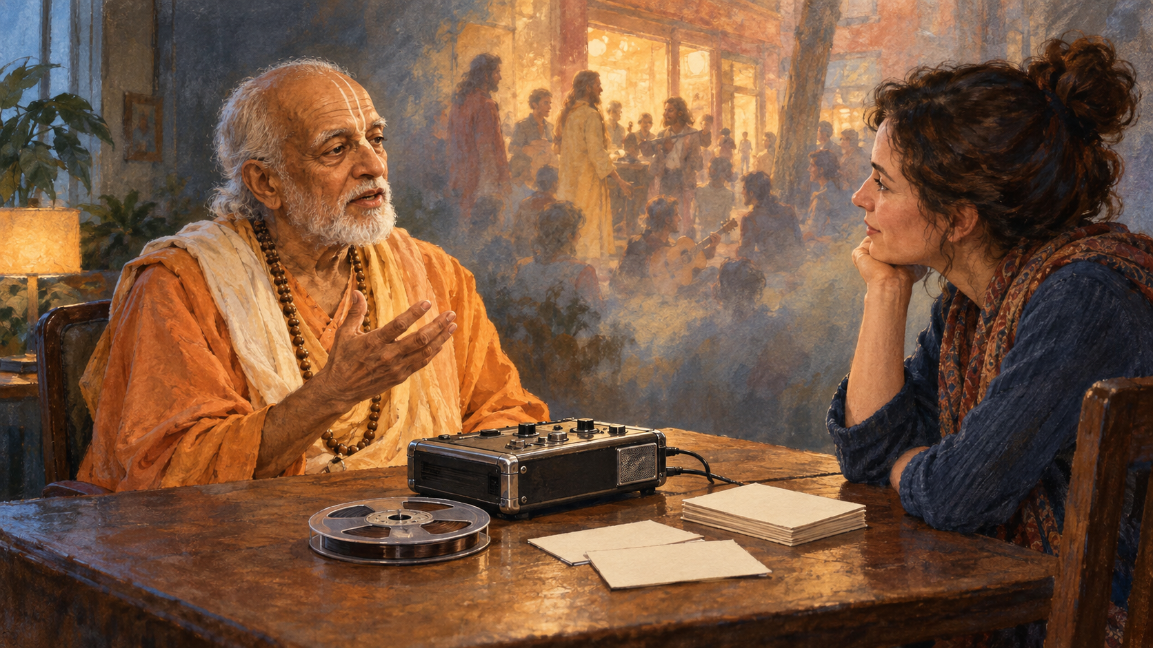 An elderly Vaishnava practitioner shares a memory with an oral-history listener beside an audio recorder and archival note cards.