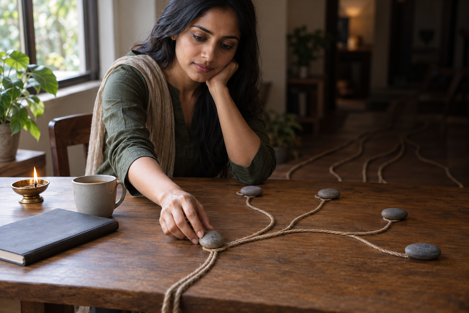 A woman places a stone at the beginning of one path formed by branching cords on a wooden table.