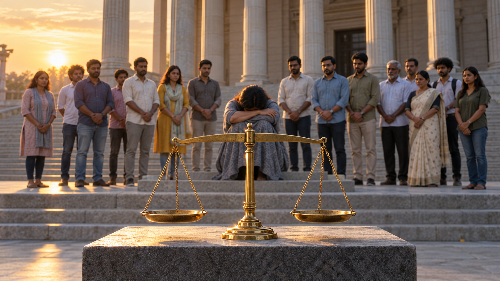 A diverse group of citizens stands near a grieving figure and a level brass balance scale outside an unmarked civic building.