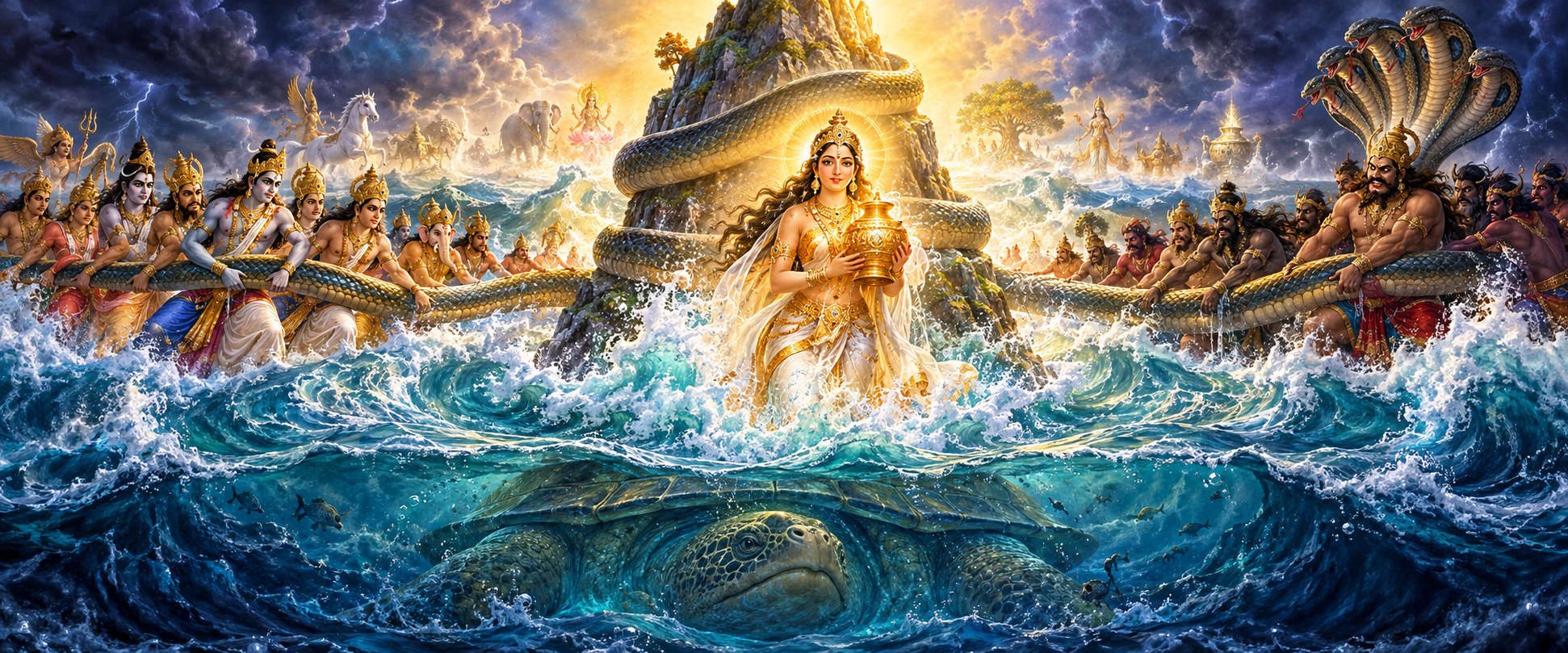 Devas and asuras churn the cosmic ocean around Mount Mandara while Varuni Devi emerges from the foaming water with a vessel.