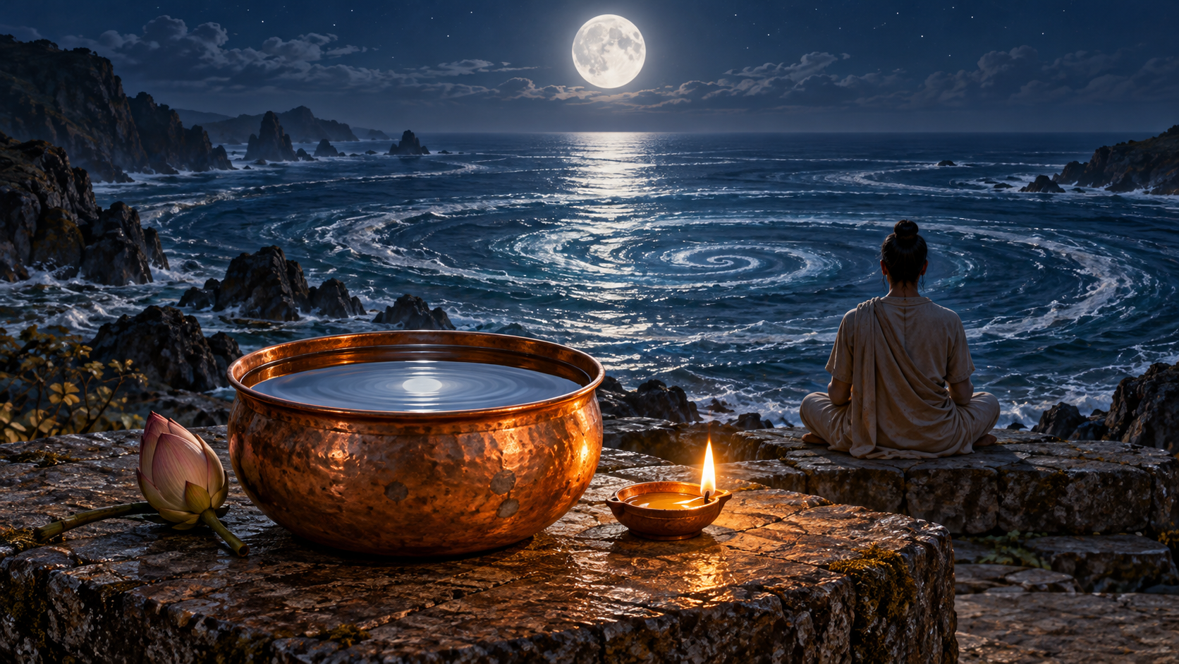 A copper vessel, lotus, and oil lamp stand before a meditating figure overlooking spiraling moonlit ocean currents.
