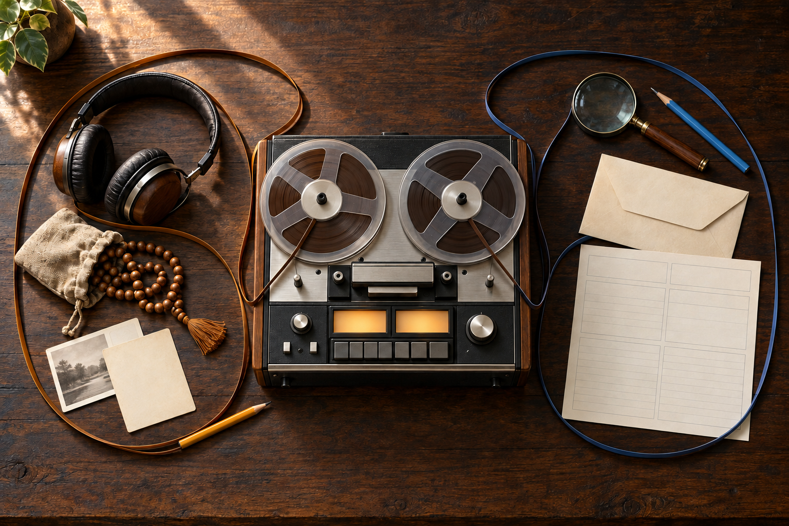 Overhead view of a reel-to-reel recorder, headphones, prayer beads, archival tools, and a blank structured note sheet arranged for two listening passes.