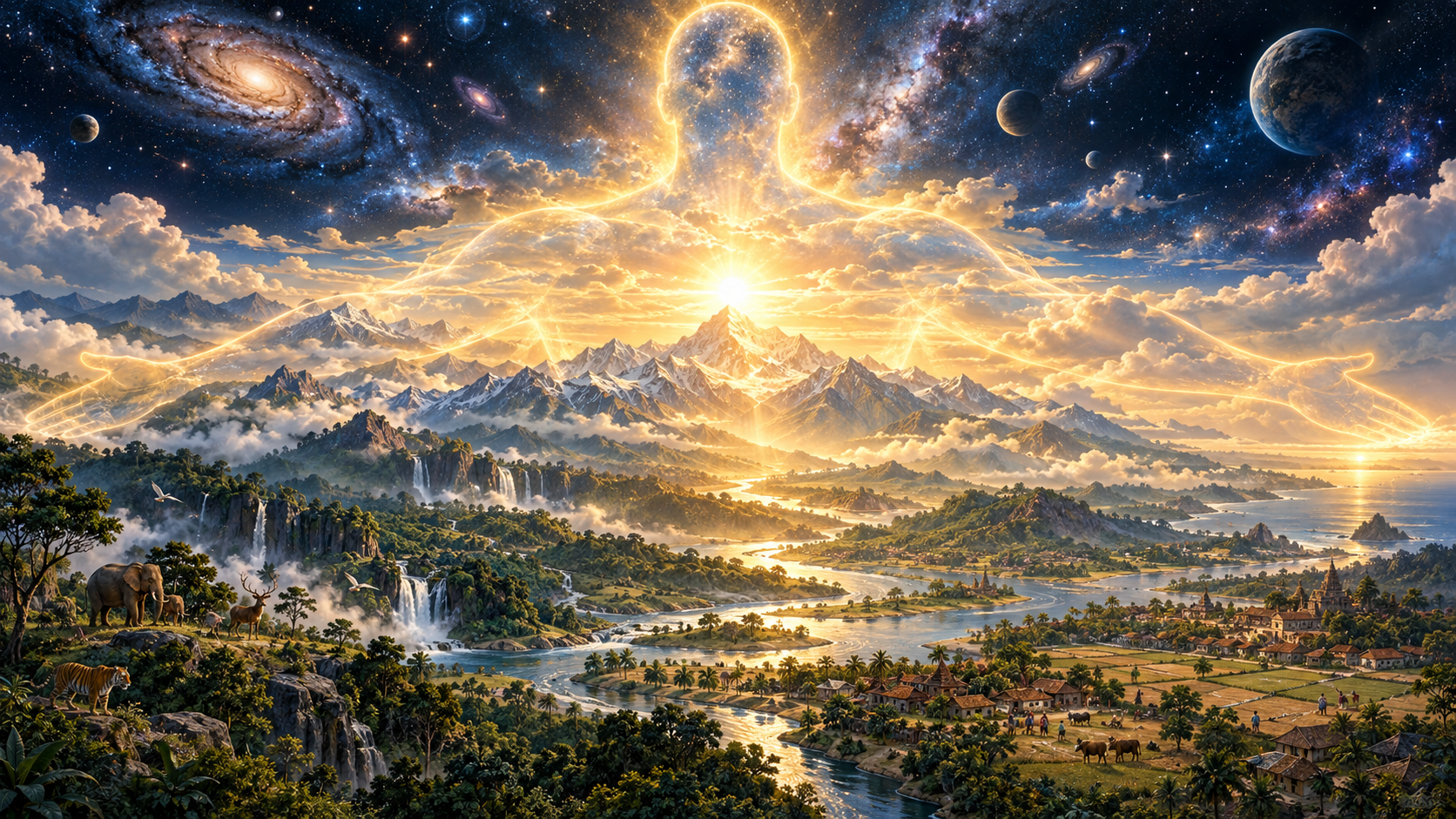 A vast translucent figure of light spans mountains, rivers, forests, people, animals, and stars, uniting the distinct parts of the cosmos within one radiant presence.