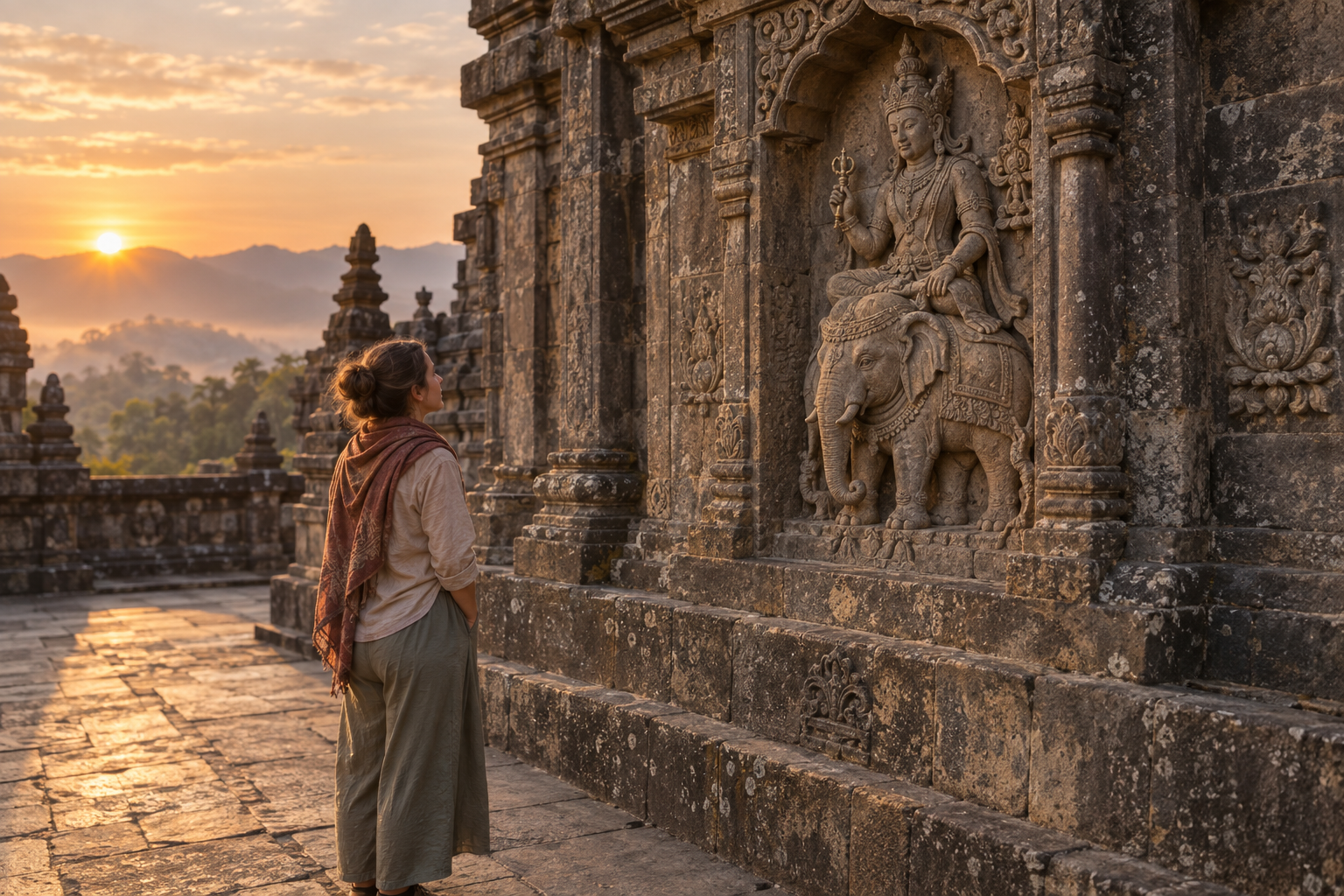 A visitor examines a dawn-lit exterior temple relief of a crowned deity holding a vajra above an elephant.