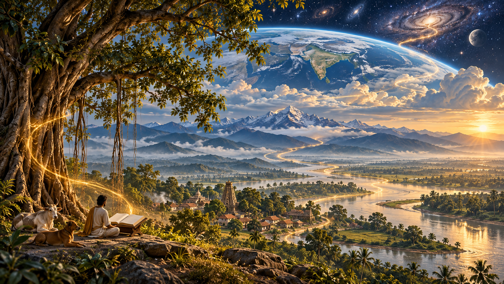A small reader beneath a banyan tree looks across a landscape that expands from a village and river to mountains, Earth, and the stars, all crossed by a subtle amber light.