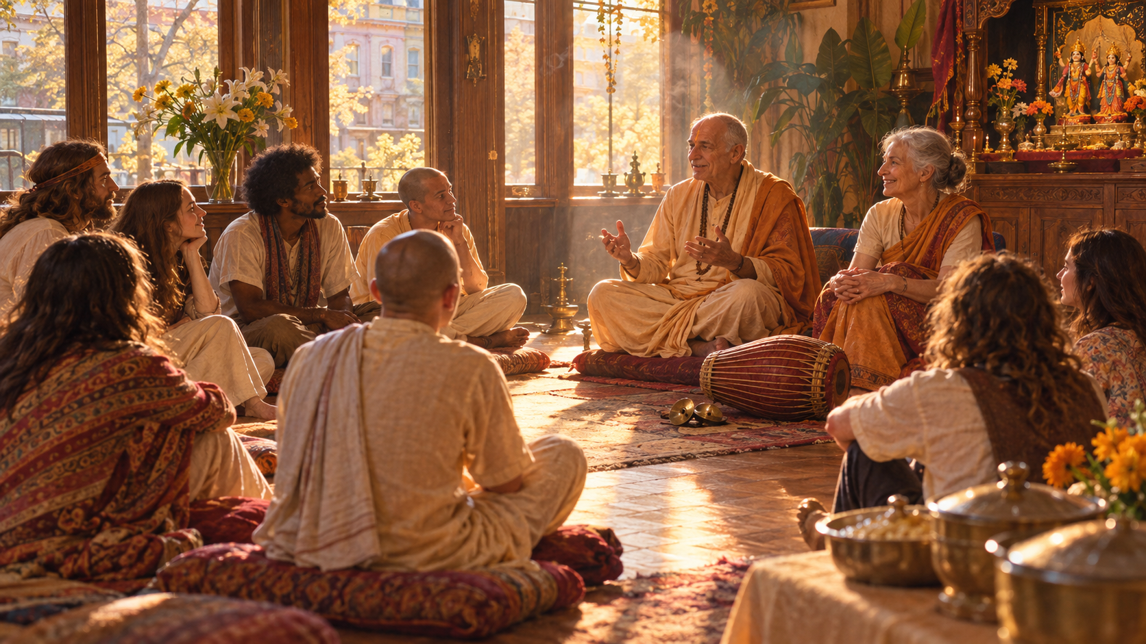 Two senior devotees speak to people seated on floor cushions in a warmly lit temple hall prepared for a Sunday feast.