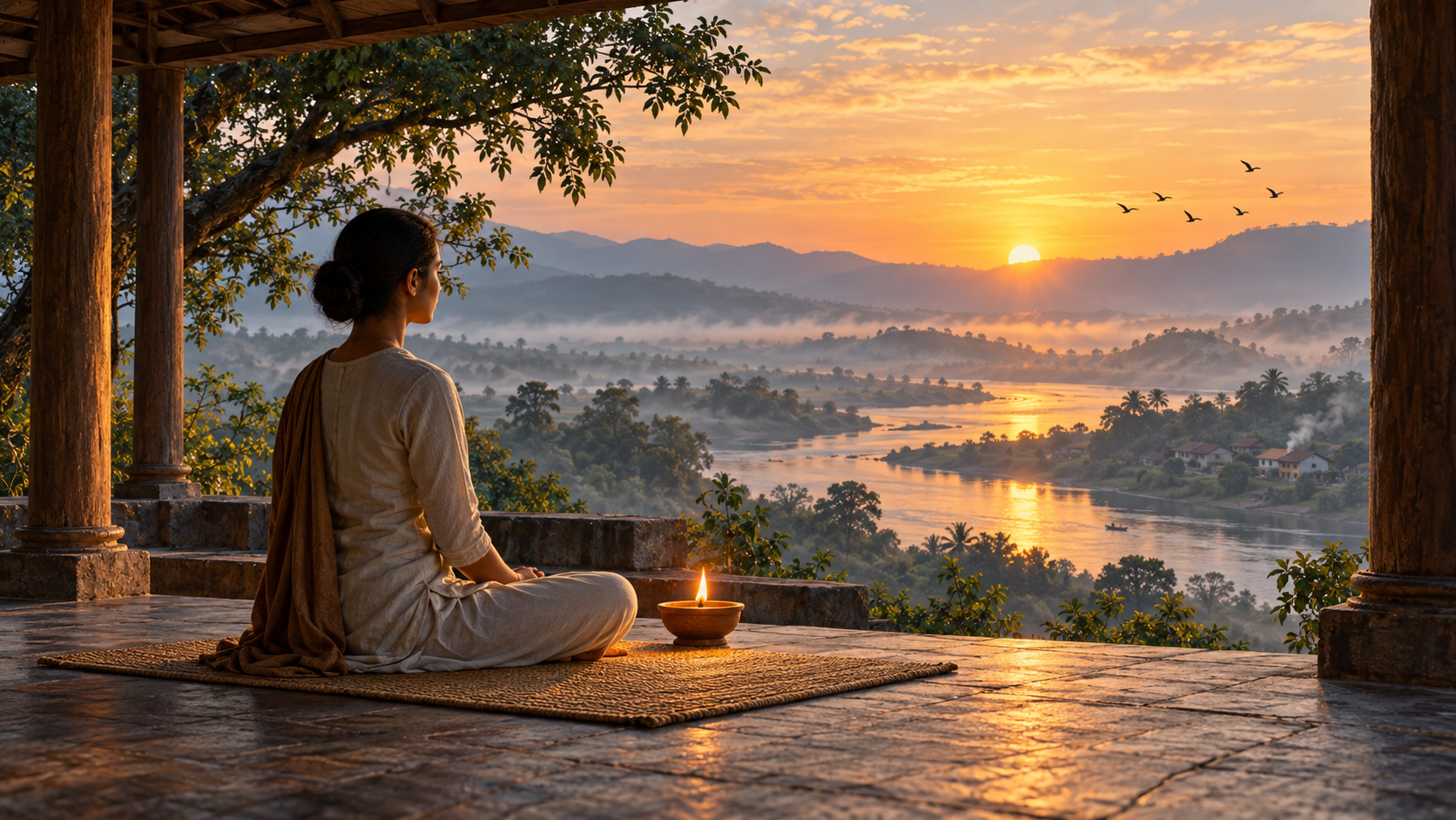 A seated practitioner meditates beside a small earthen flame at dawn as its warm light continues toward the sun, trees, river, birds, and distant homes.