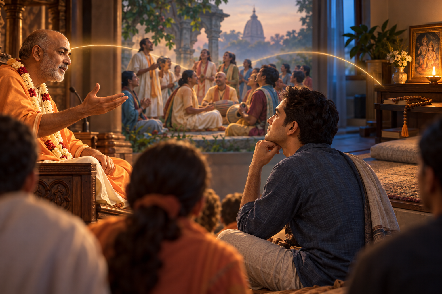 A seated listener is surrounded by three distinct scenes showing a teacher, an early devotional community, and personal practice at home.