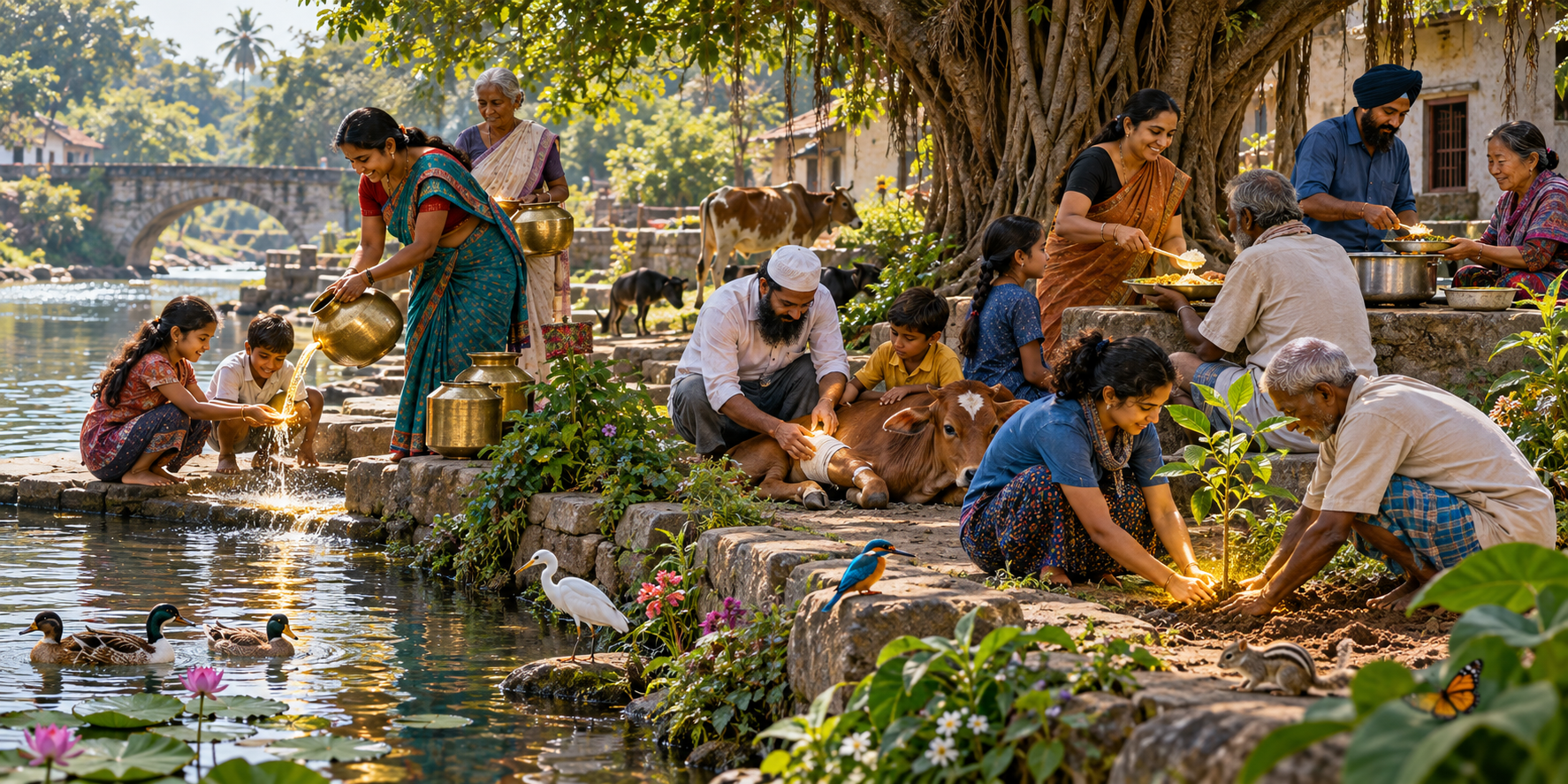 People beside a village waterway carry water, share food, tend an animal, and plant a tree while a soft golden glow links their interactions with the surrounding living world.