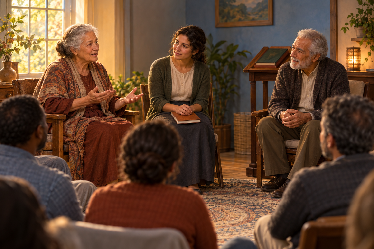 A listener sits between an older woman and an older man as the two speakers offer their recollections separately.