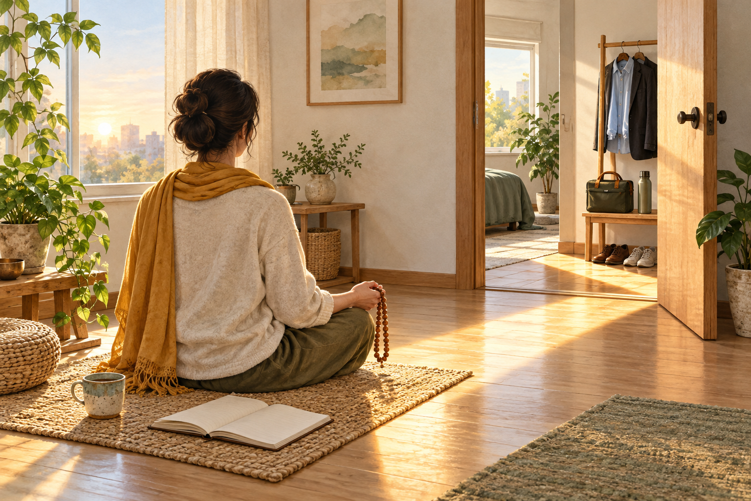 A practitioner meditates with wooden beads at dawn beside a blank notebook and items prepared for the workday.