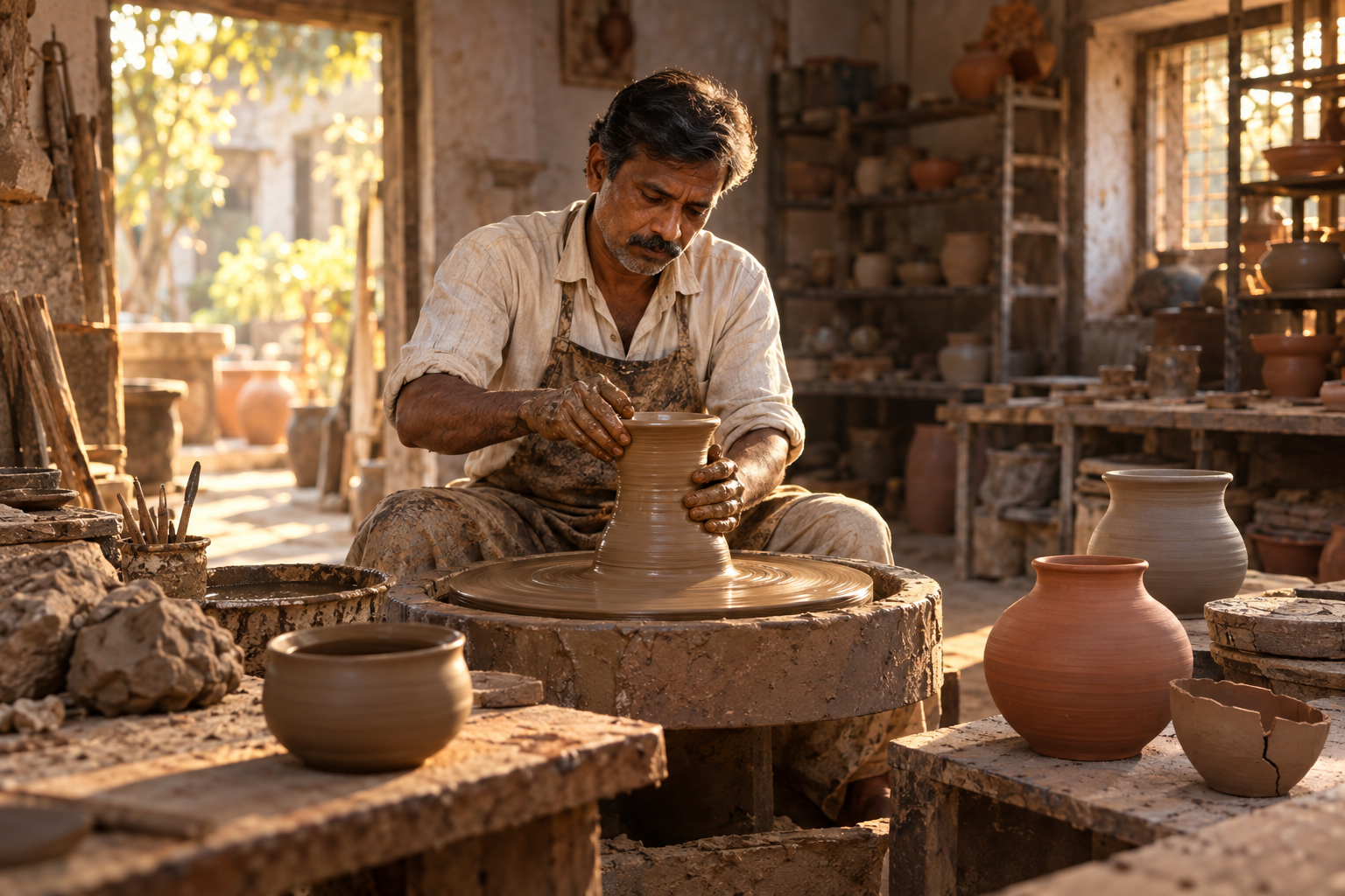 A potter centers clay at a wheel surrounded by vessels at different stages, including one cracked pot.