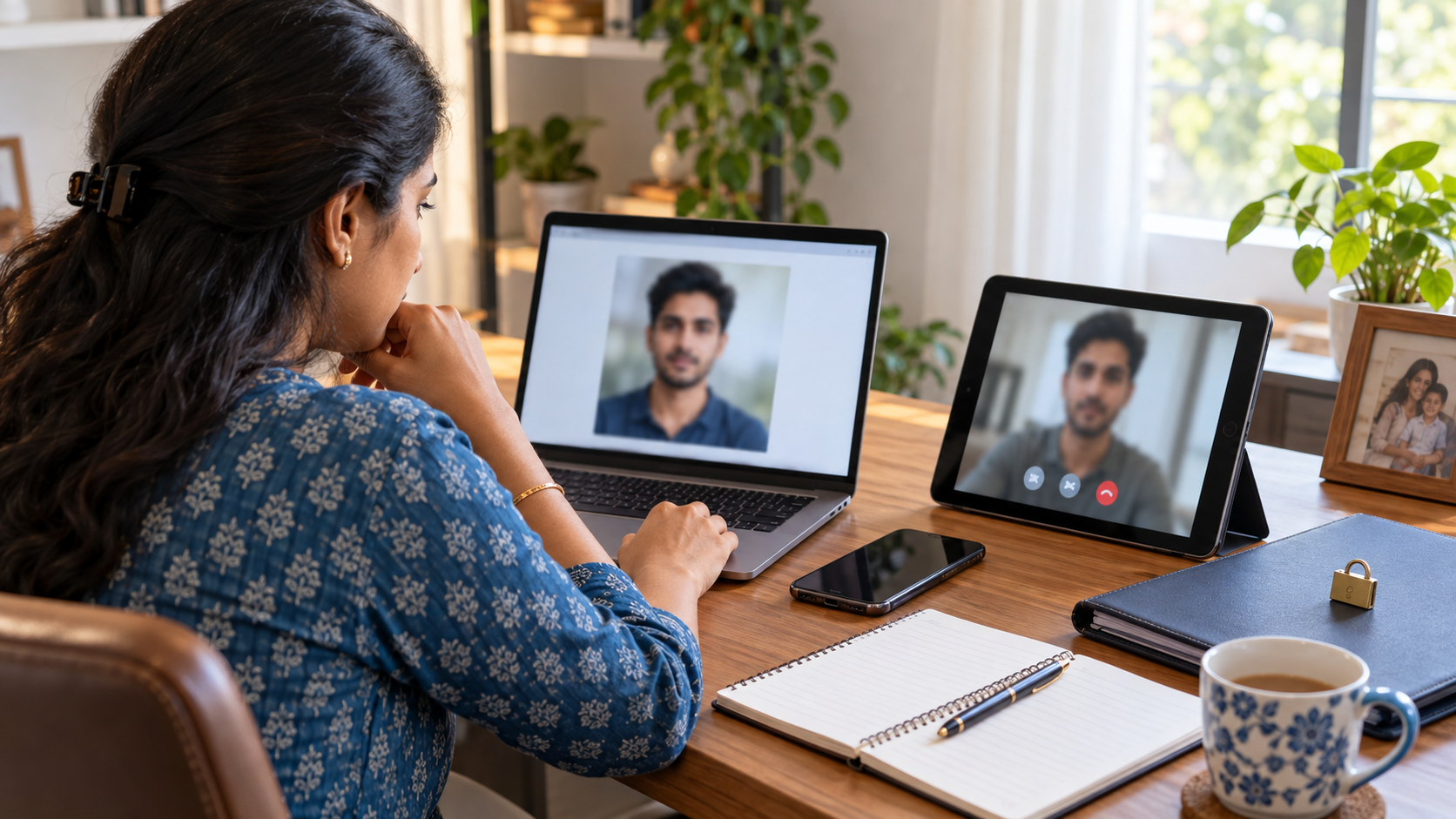 A woman compares an online profile with a live video call on separate devices while verifying a person's identity from home.