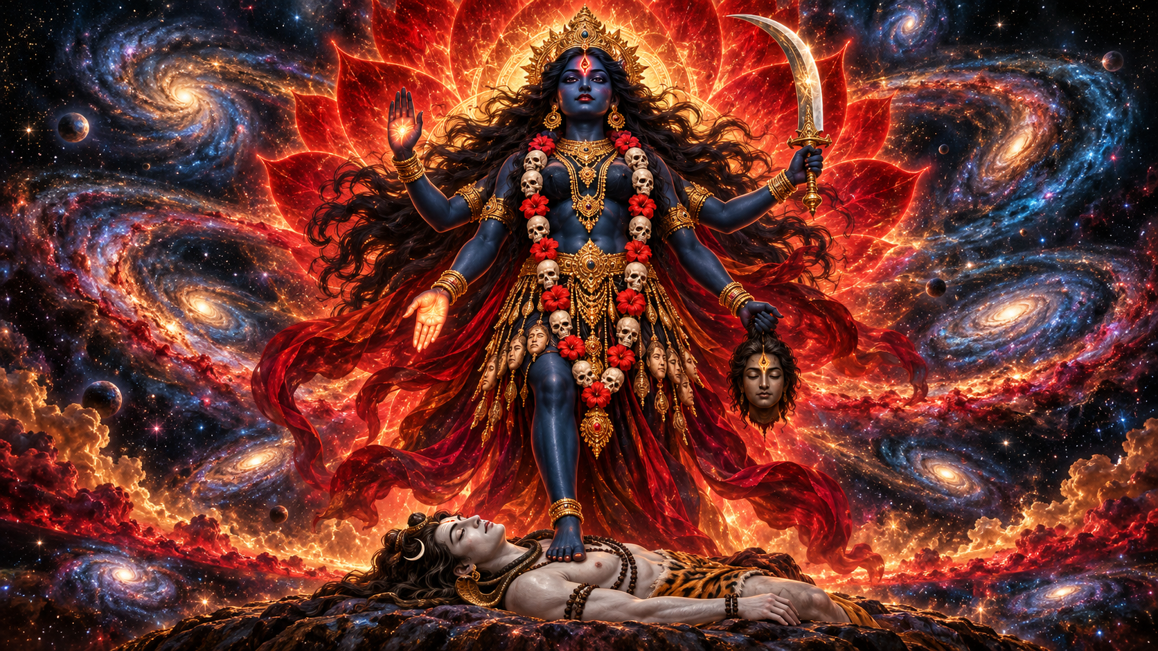 Four-armed Kali stands amid stars and swirling galaxies above the calm figure of Shiva, surrounded by indigo, crimson, and golden light.