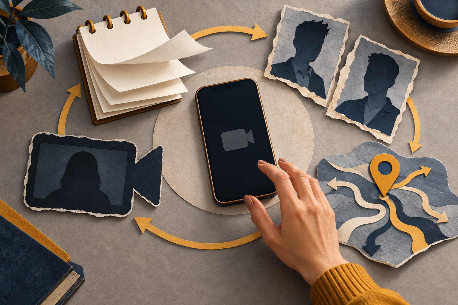A woman's hand pauses over a phone surrounded by visual clues of repeated evasion, including missed video calls, shifting dates, and inconsistent profiles.