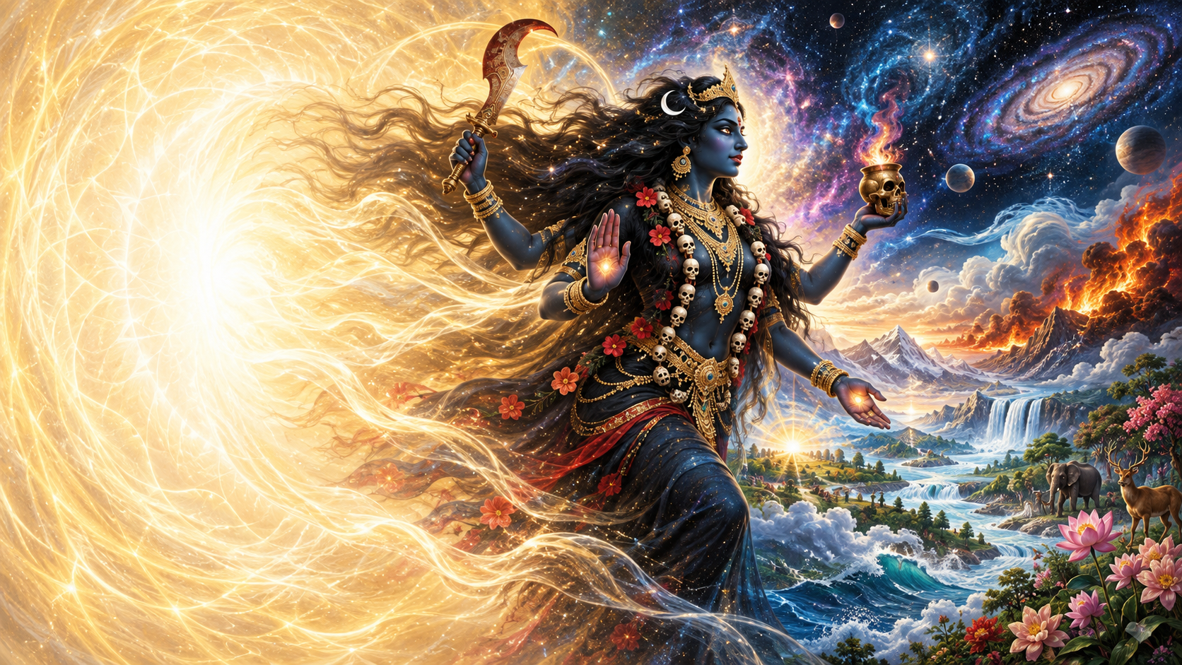 Kali emerges from a formless field of golden light as stars, fire, water, wind, and plants unfold around her.