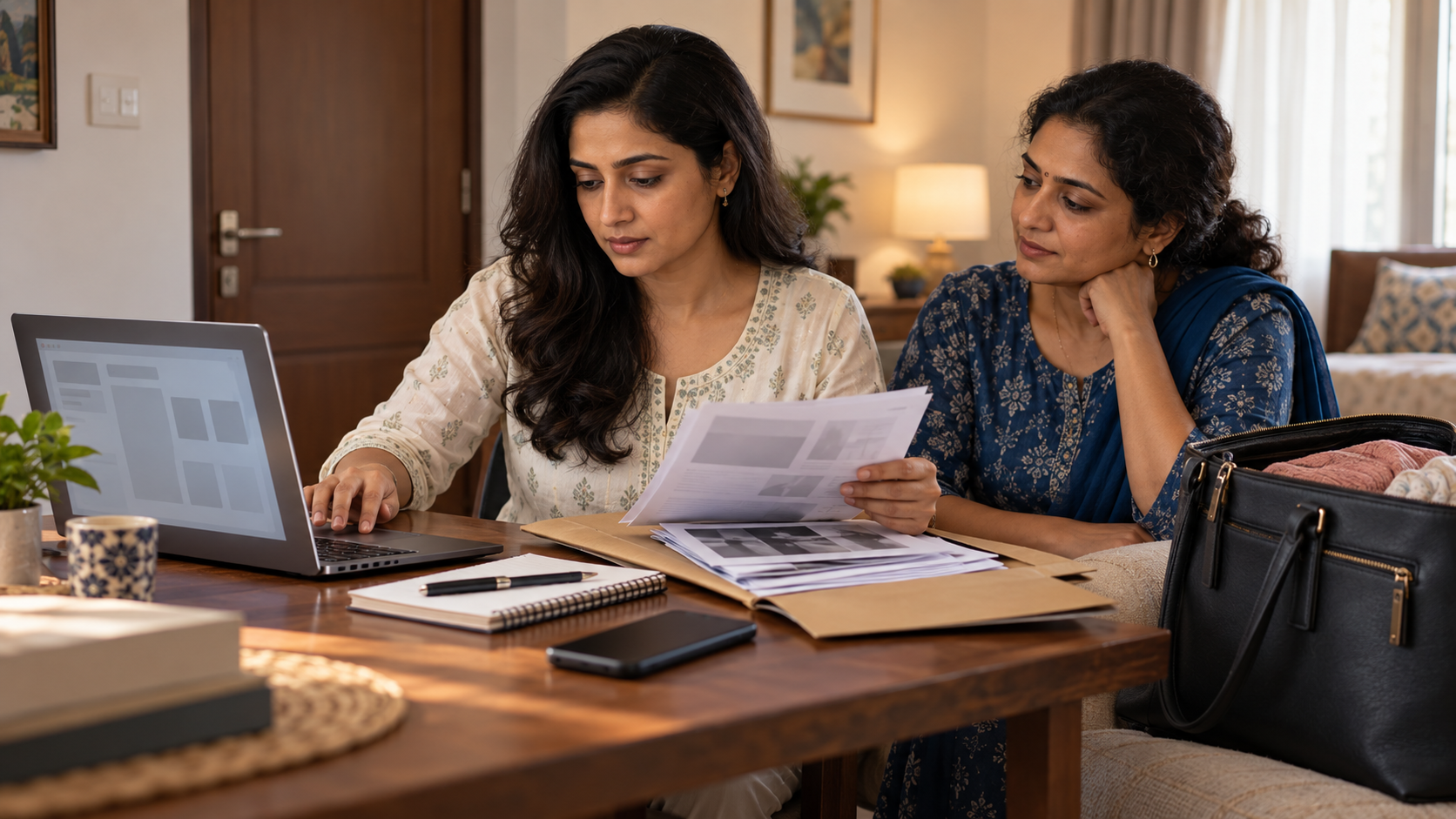 A woman saves digital evidence and organizes documents while a trusted friend supports her in a private room.