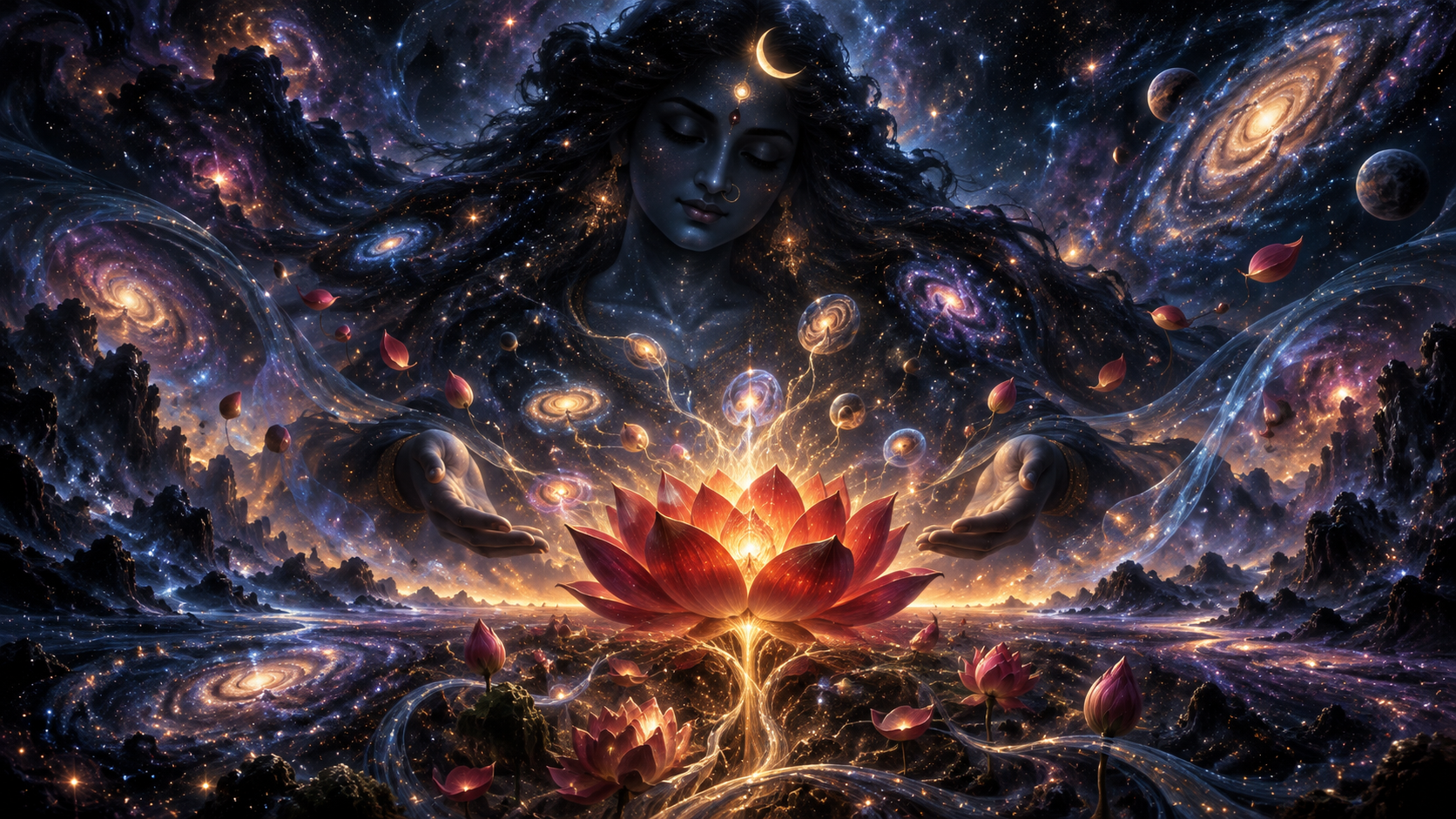Kali's calm form appears within a dark indigo cosmic space filled with young galaxies, seeds, lotus buds, and streams of light.