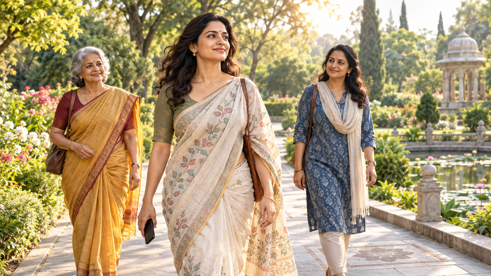 A Hindu woman walks confidently through a sunlit public garden with two trusted women, holding her phone at her side.