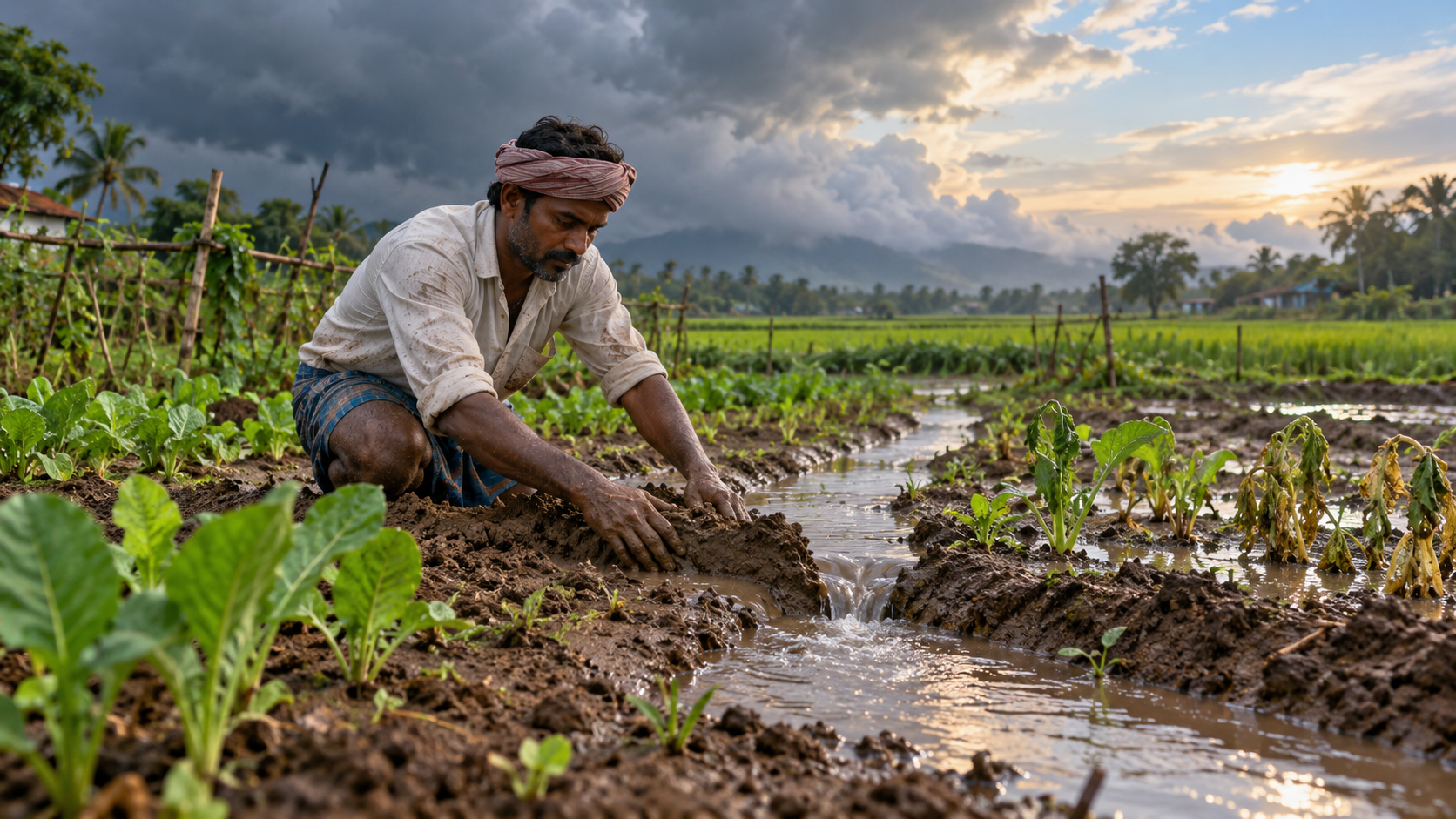 A gardener repairs a rain-damaged irrigation channel so water can reach young plants as storm clouds recede.