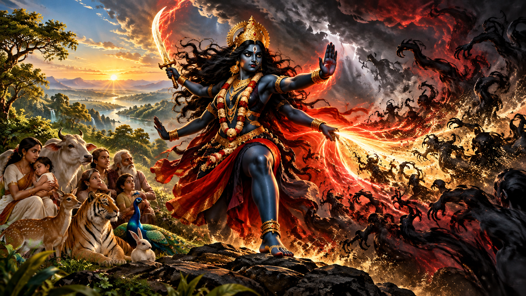 Kali raises a protective hand as shadowy forms dissolve in light, with sheltered people, animals, and a brightening landscape behind her.